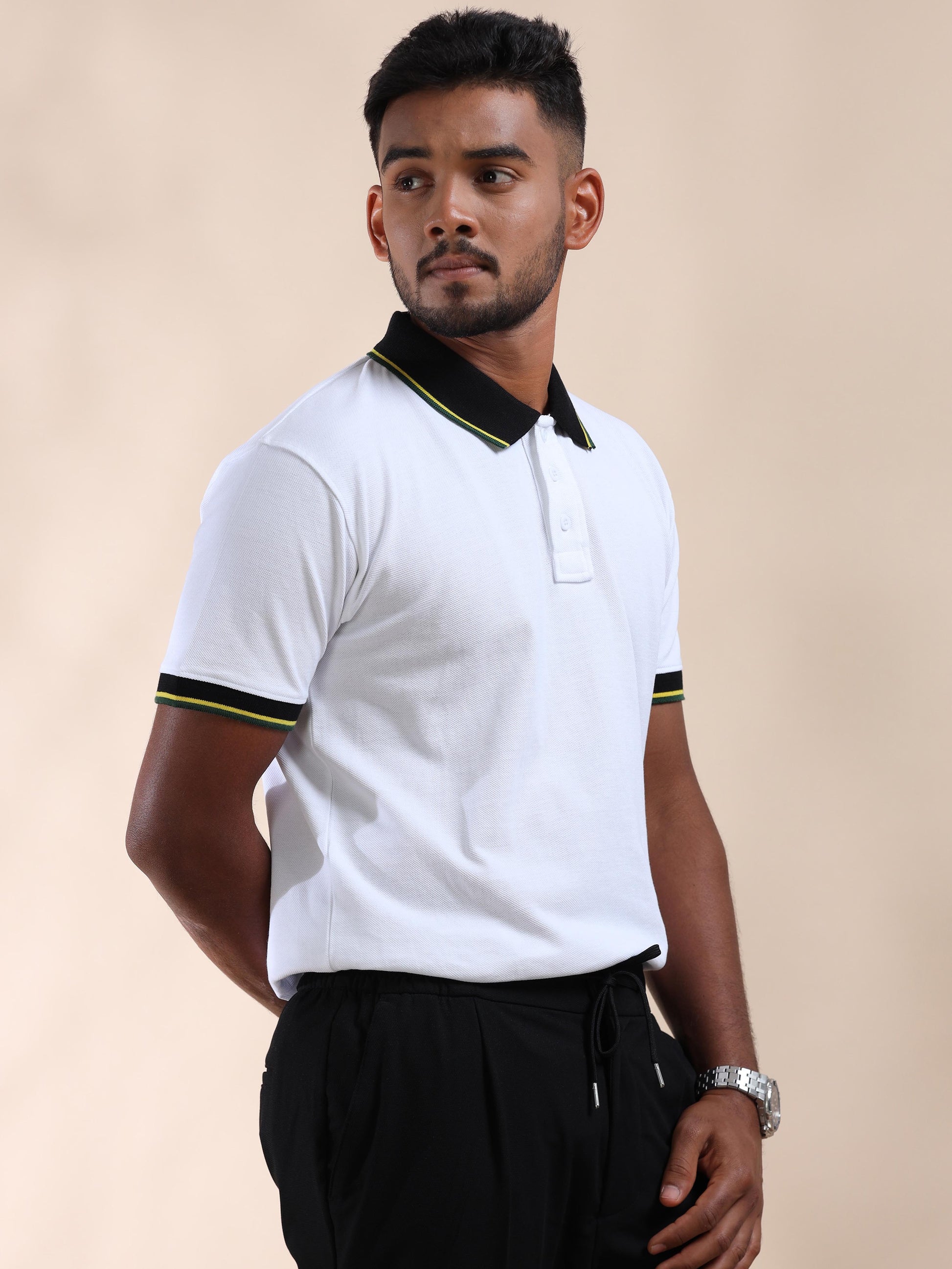 Yellow & Green Tipping Collar White Cotton Polo T Shirt for men