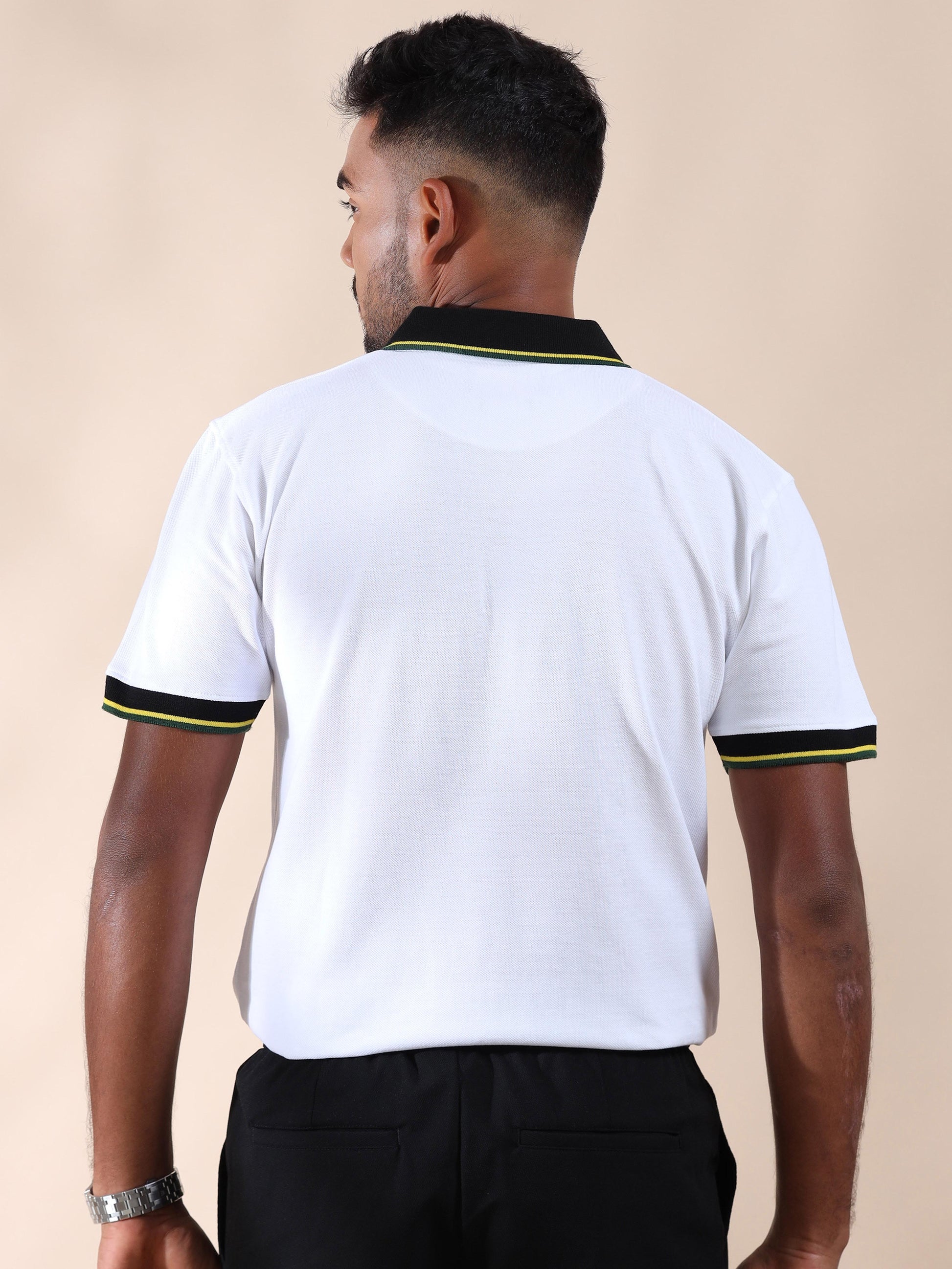 Yellow & Green Tipping Collar White Cotton Polo T Shirt for men