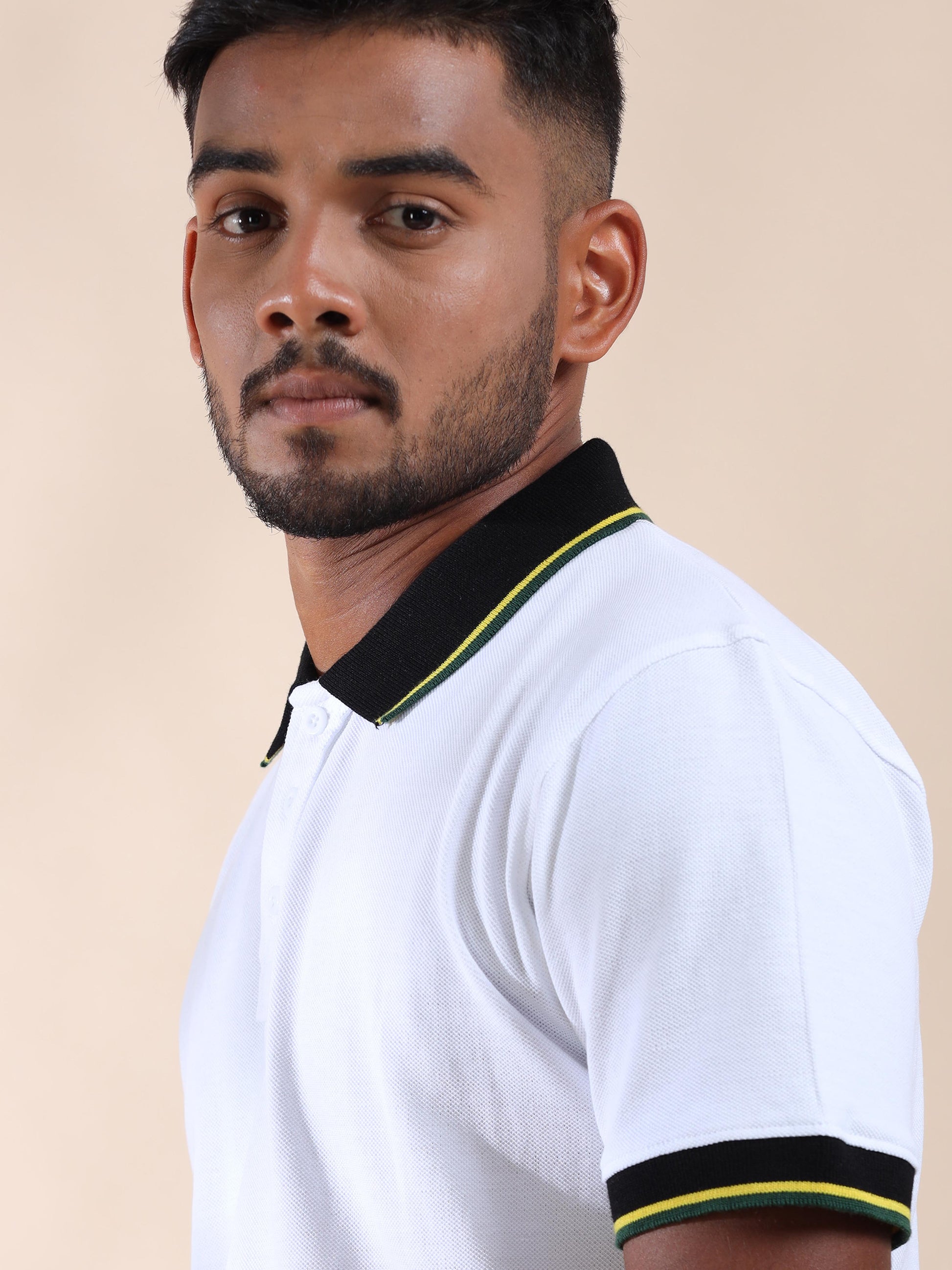 Yellow & Green Tipping Collar White Cotton Polo T Shirt for men