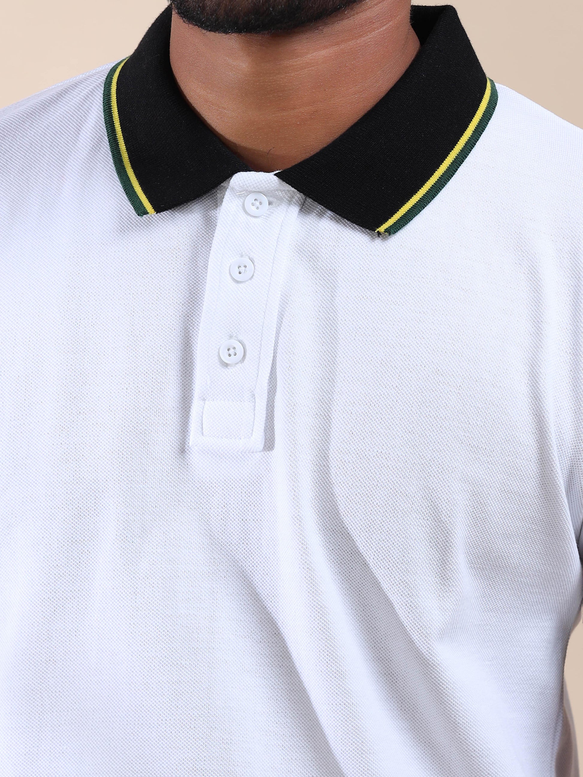 Yellow & Green Tipping Collar White Cotton Polo T Shirt for men