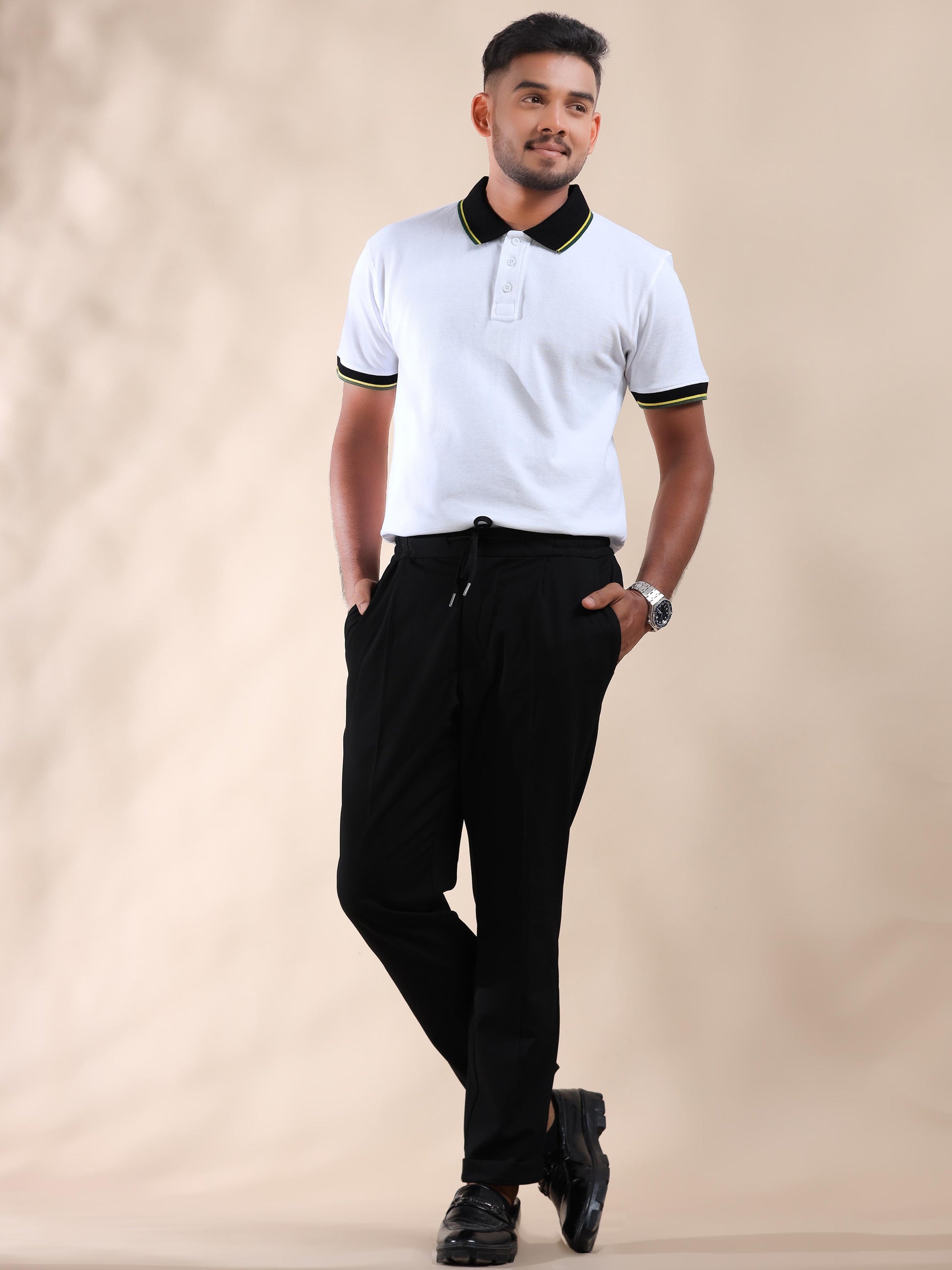 Yellow & Green Tipping Collar White Cotton Polo T Shirt for men