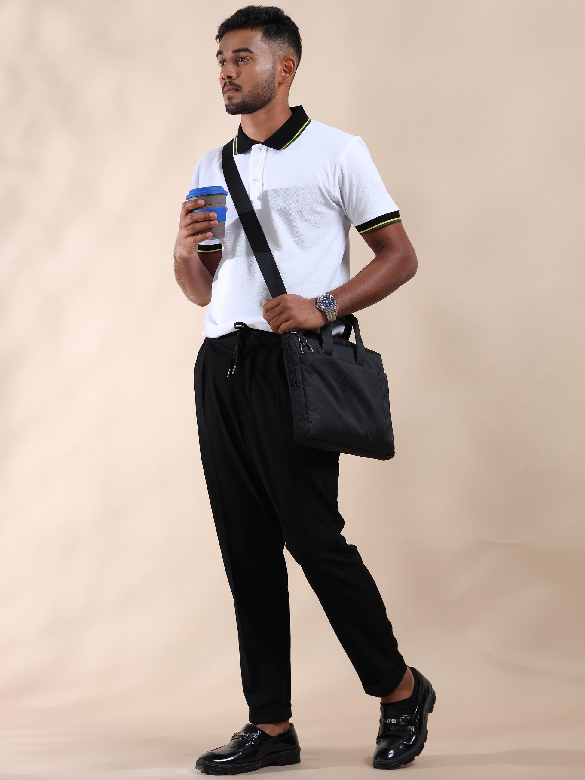 Yellow & Green Tipping Collar White Cotton Polo T Shirt for men