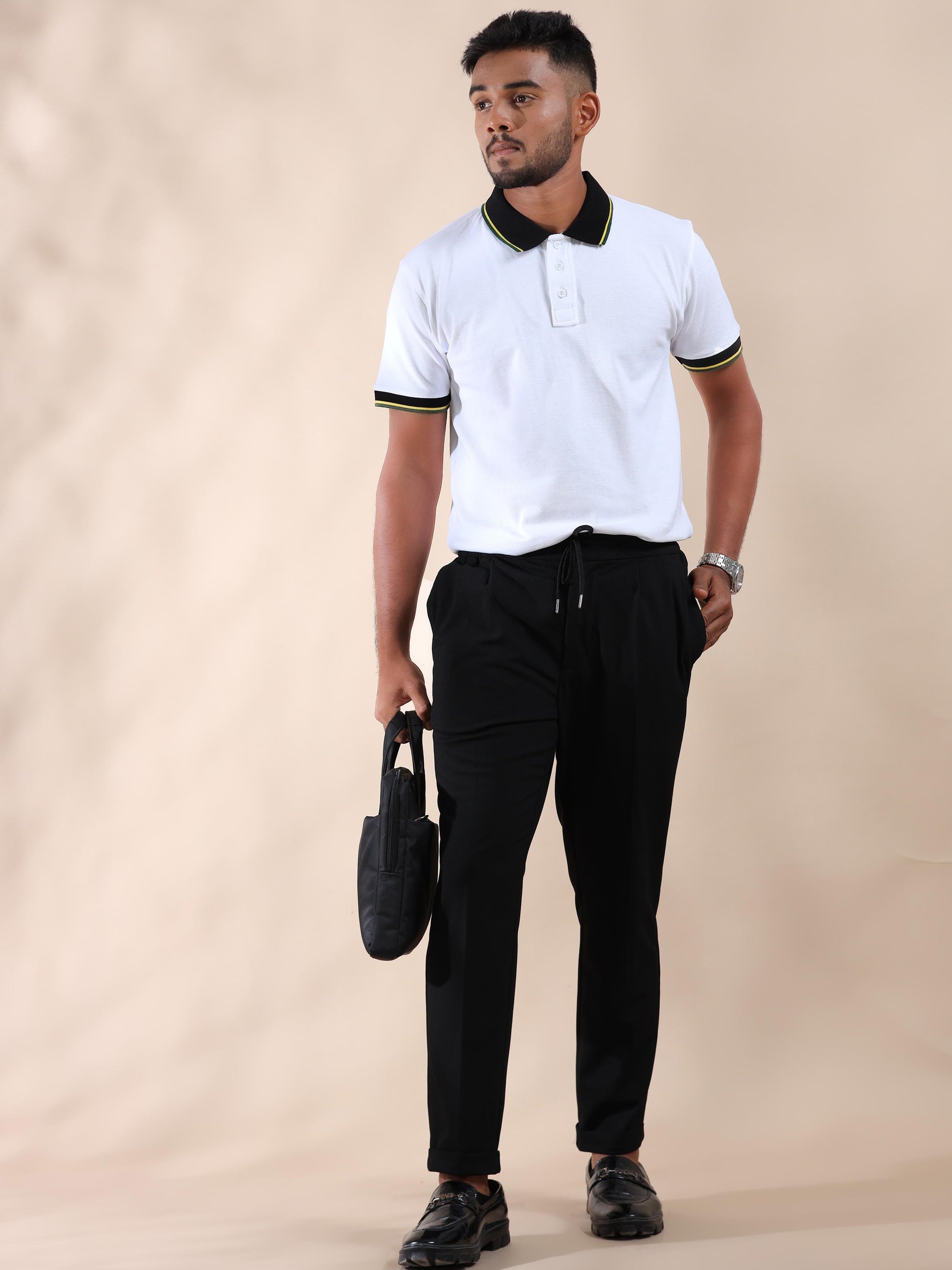 Yellow & Green Tipping Collar White Cotton Polo T Shirt for men
