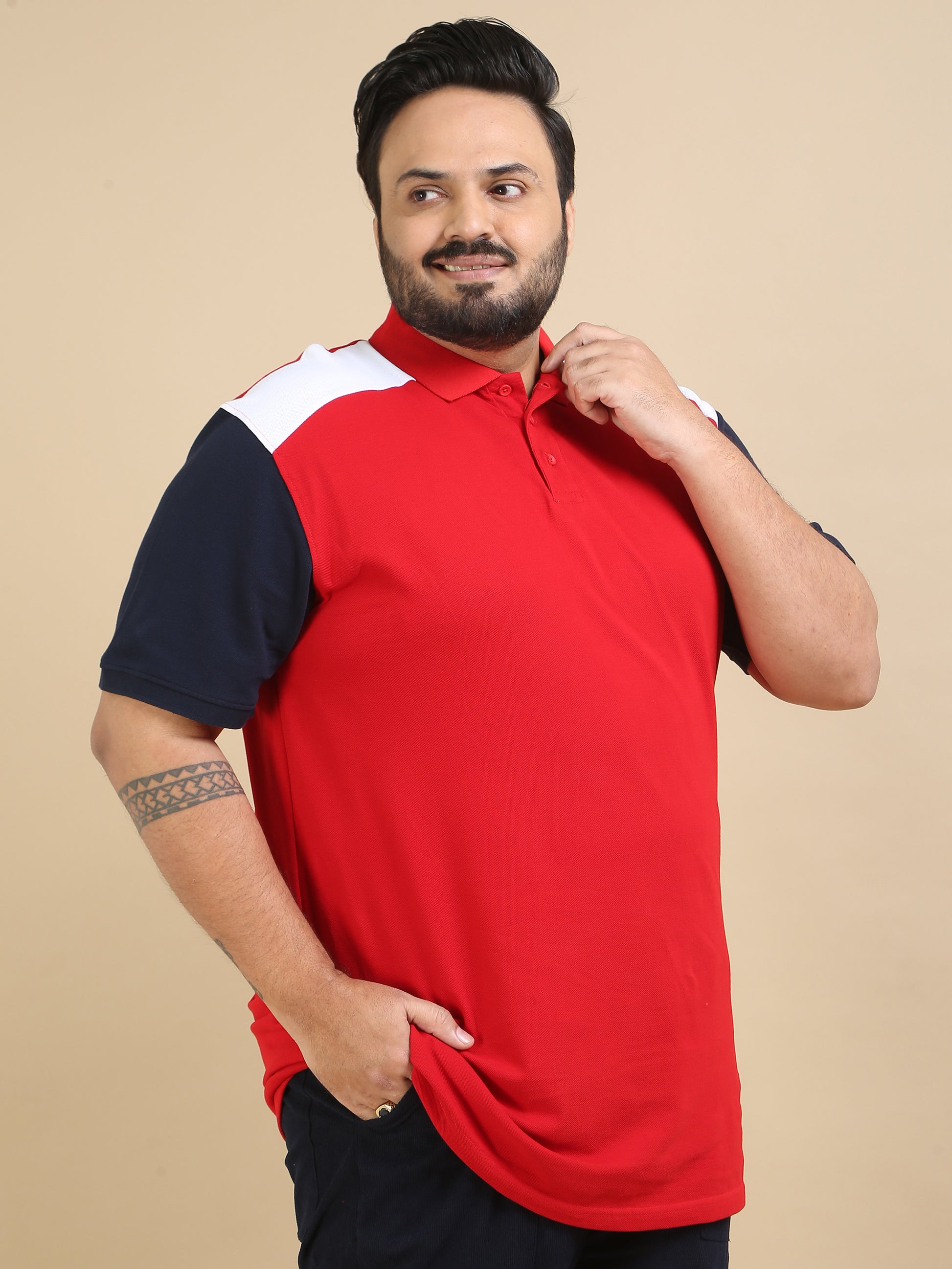 Panel Design Red Plus Size Men Polo
