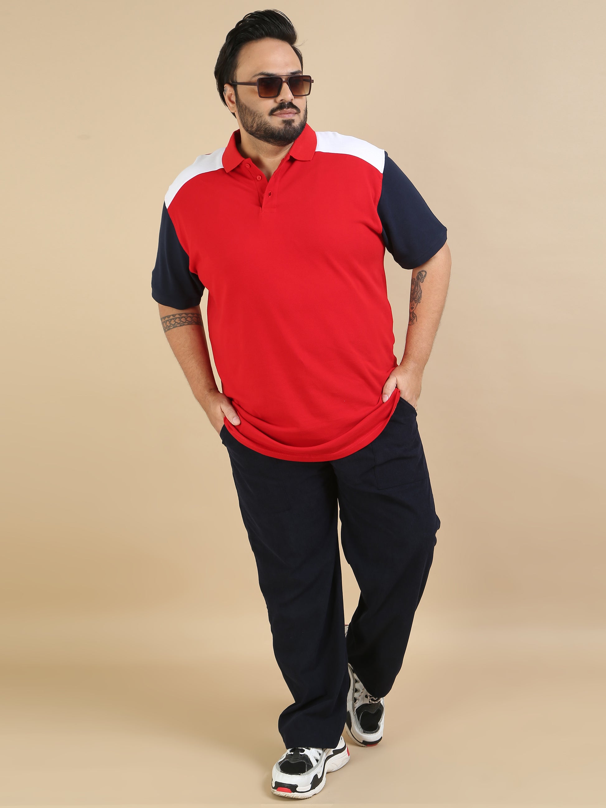 Panel Design Red Plus Size Men Polo
