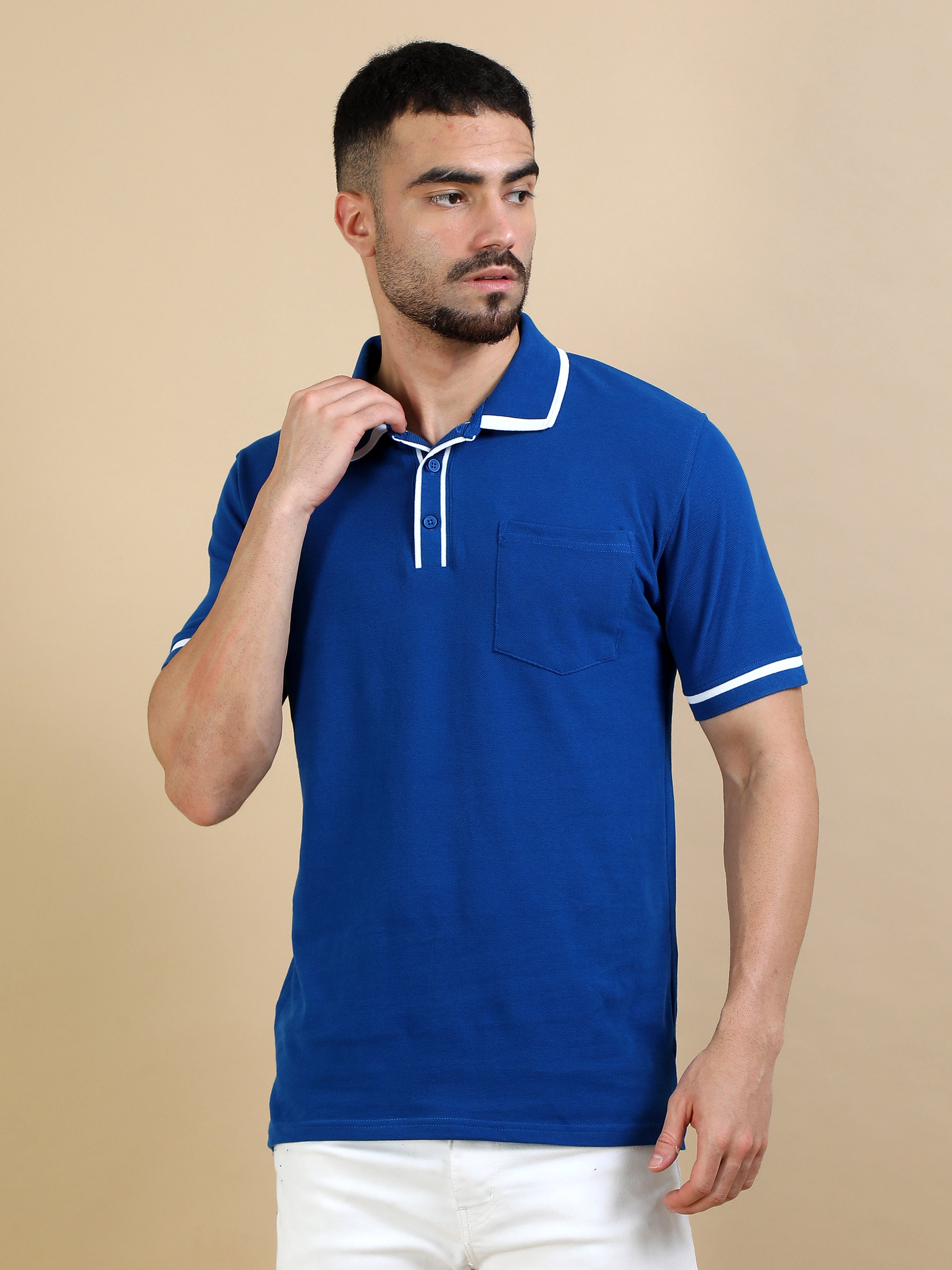 Blue Contrast Collar Polo Shirt for Men