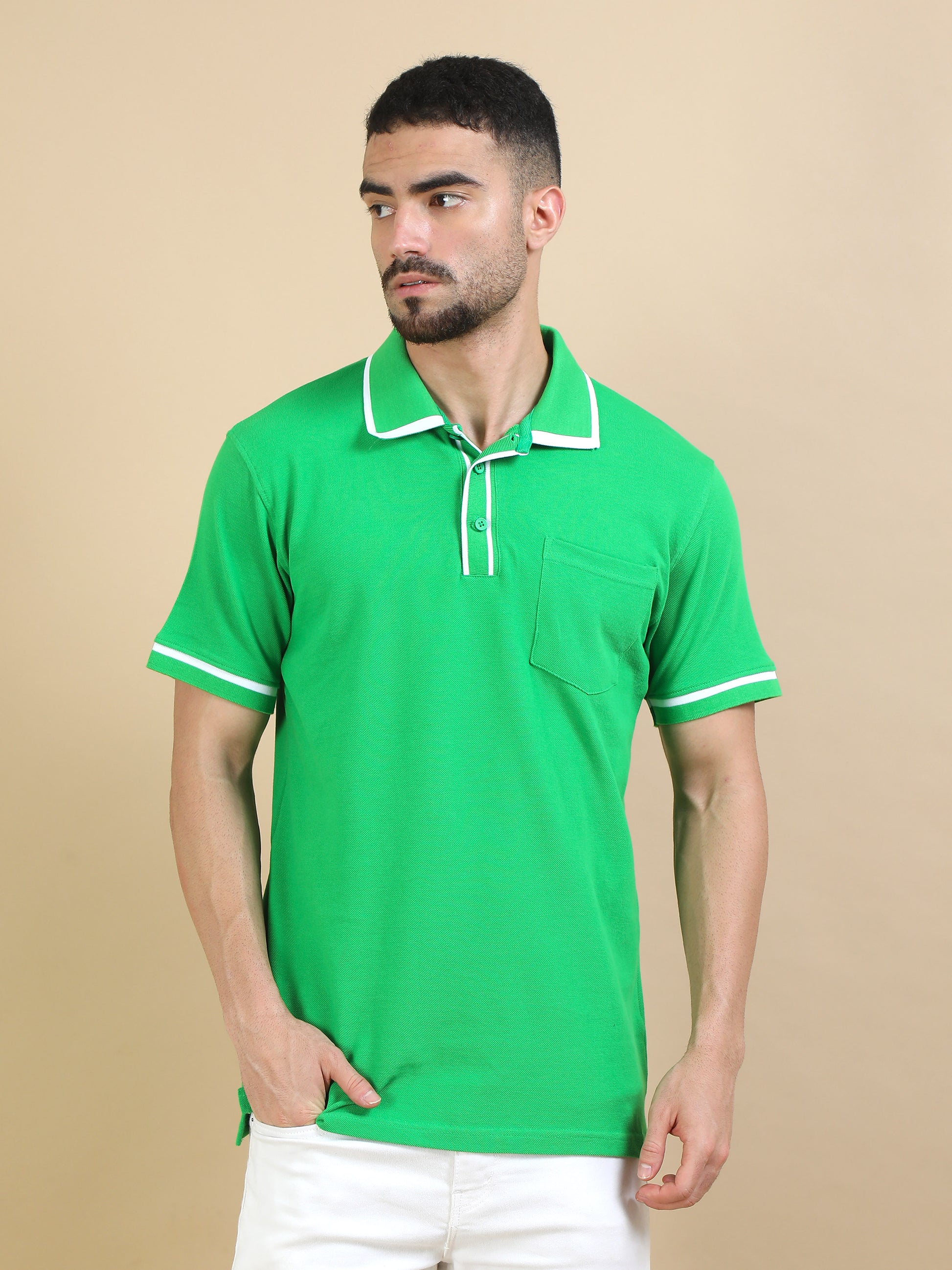 Green Striped Collar T Shirt for Men