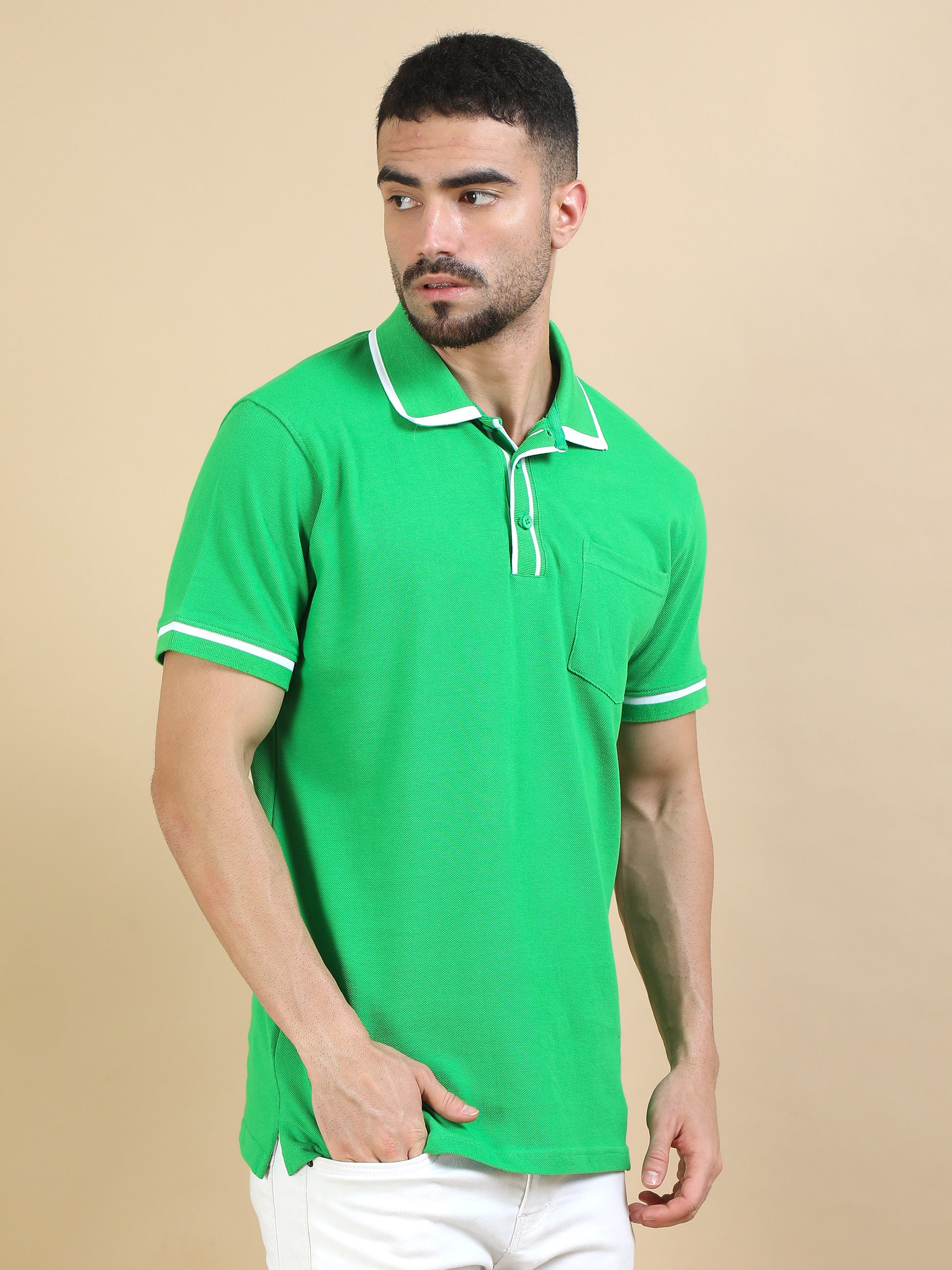 Green Striped Collar T Shirt for Men