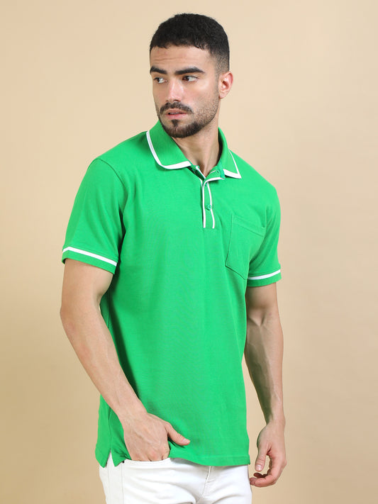 Green Striped Collar T Shirt for Men