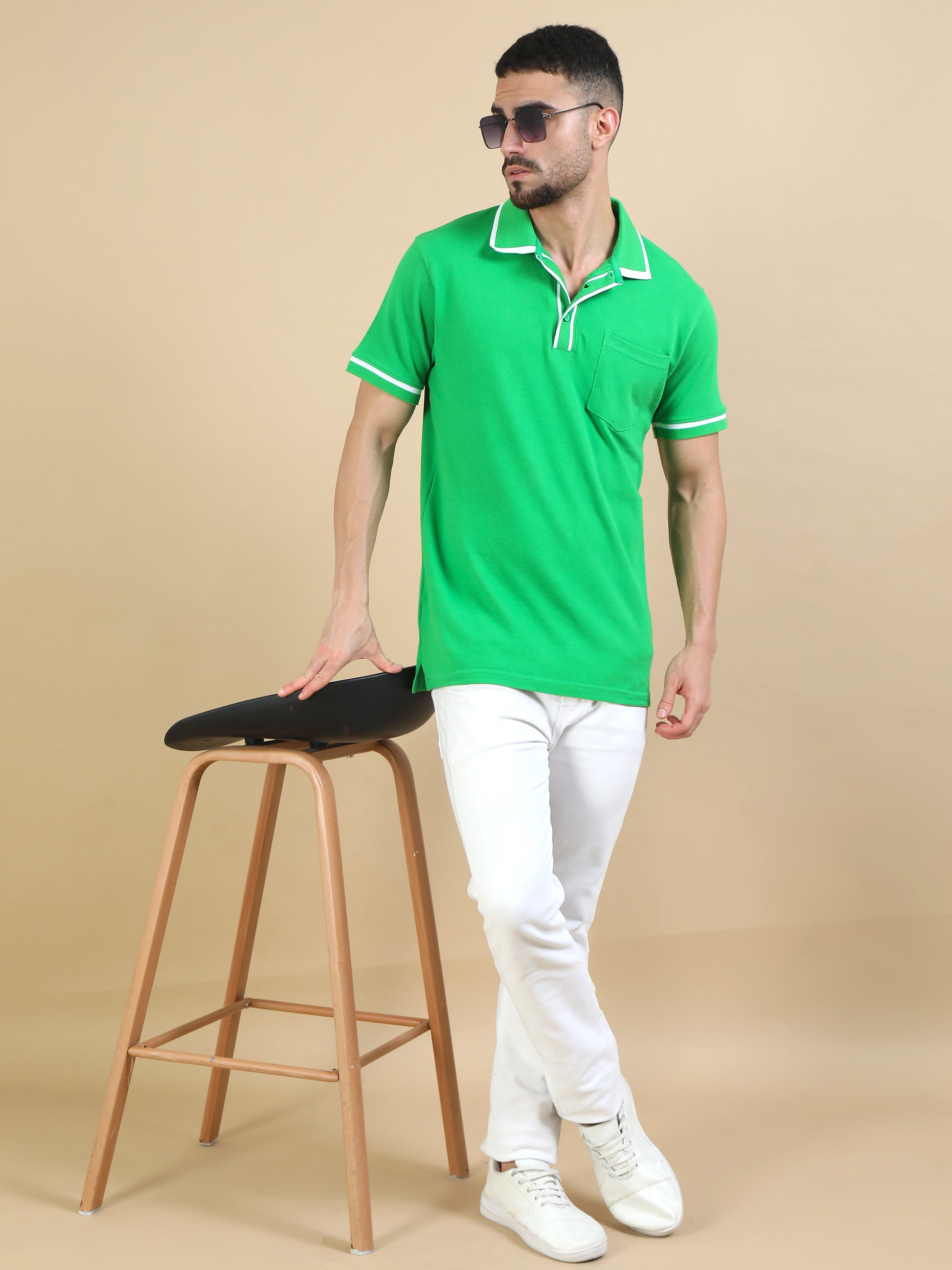 Green Striped Collar T Shirt for Men