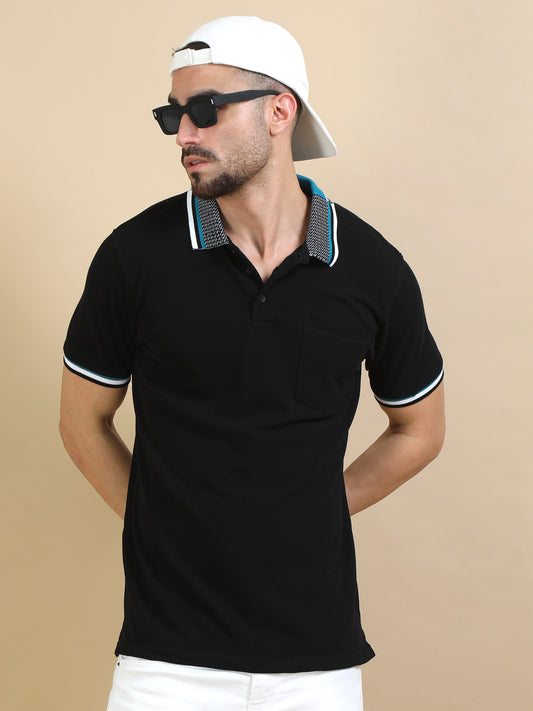 Black Printed Collar T Shirts  for men