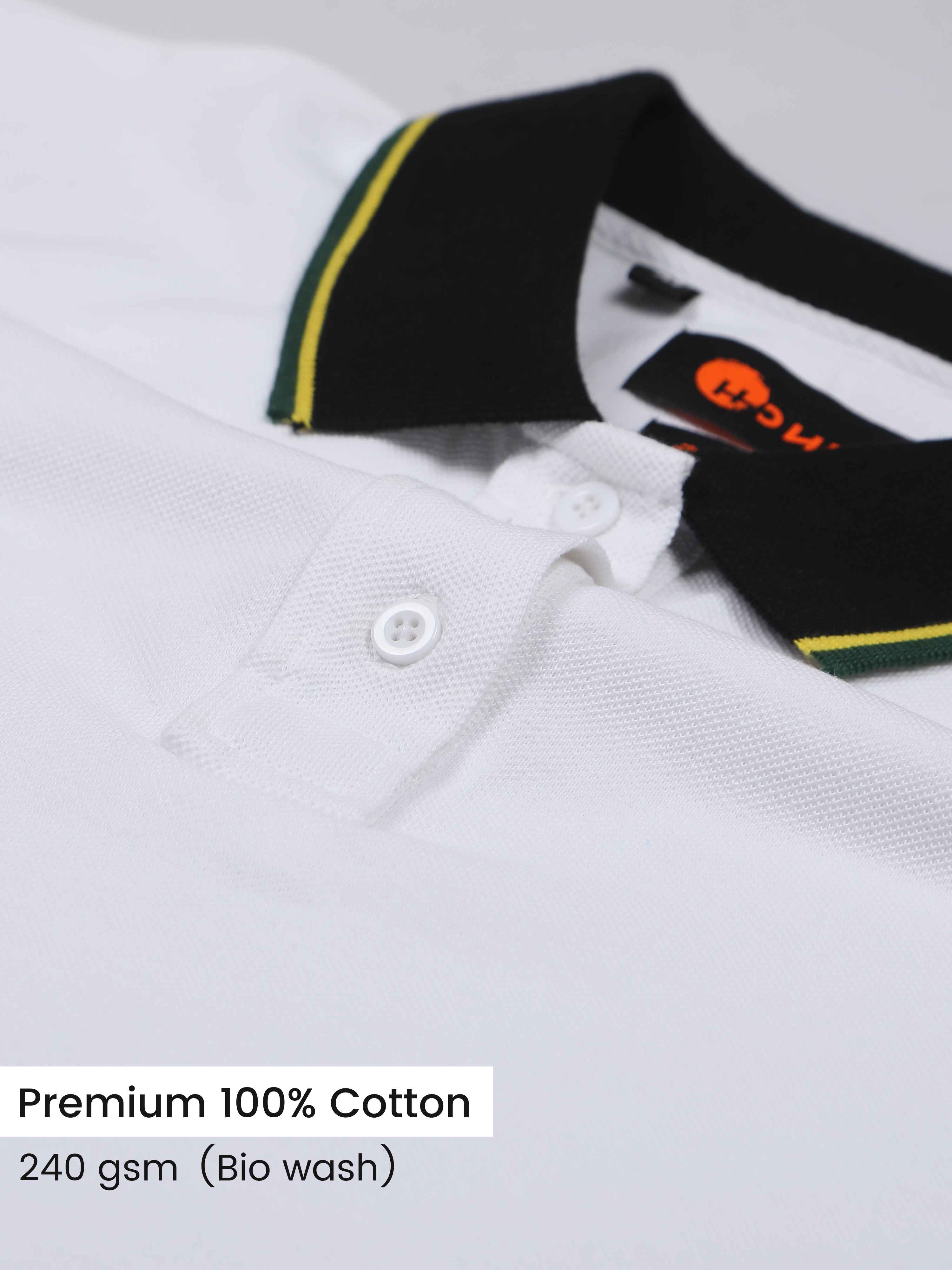 Yellow & Green Tipping Collar White Cotton Polo T Shirt for men