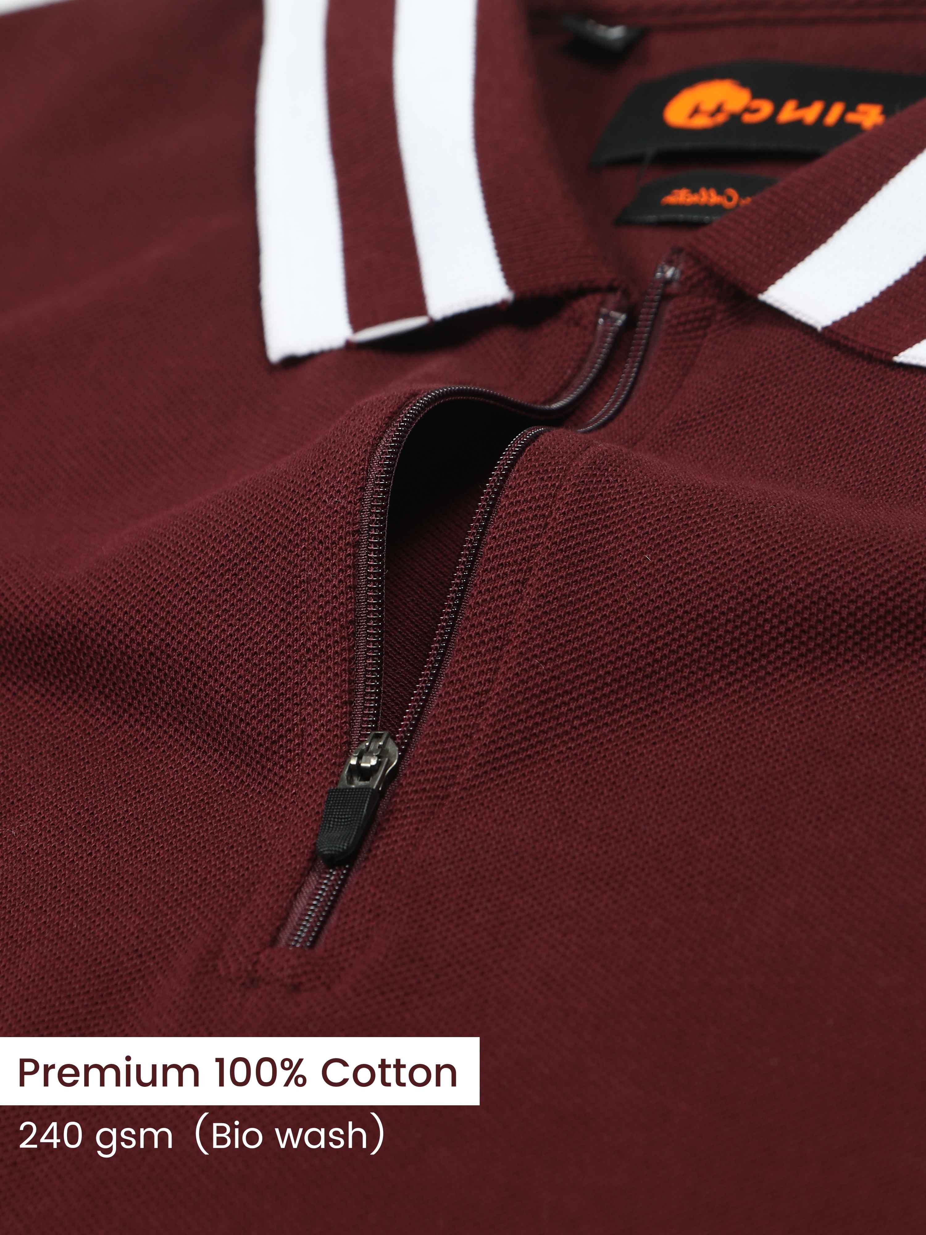 White Striped Collar Maroon Mens Cotton Polo Shirts