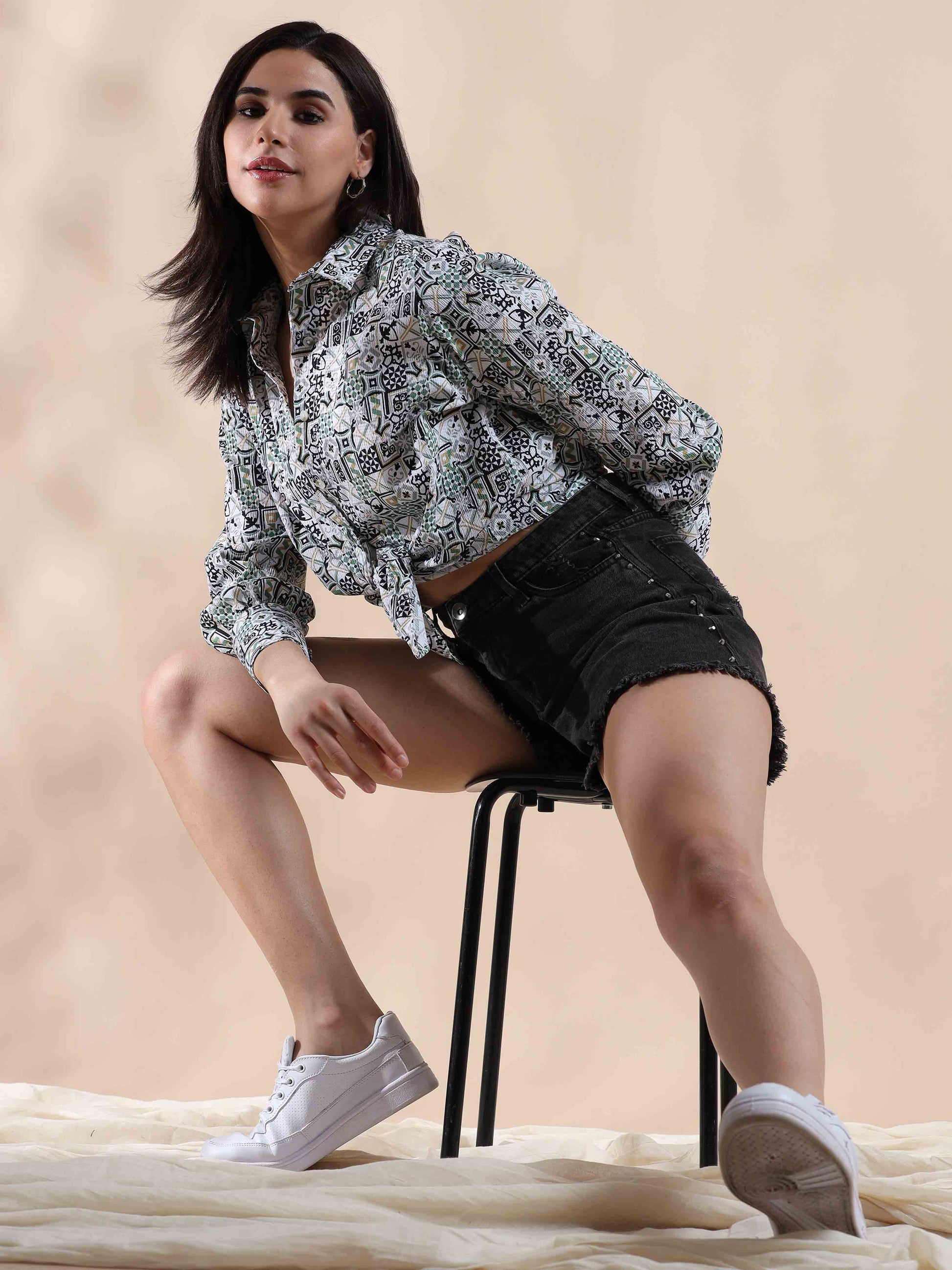 Viridian Breeze Popcorn printed Shirt for women