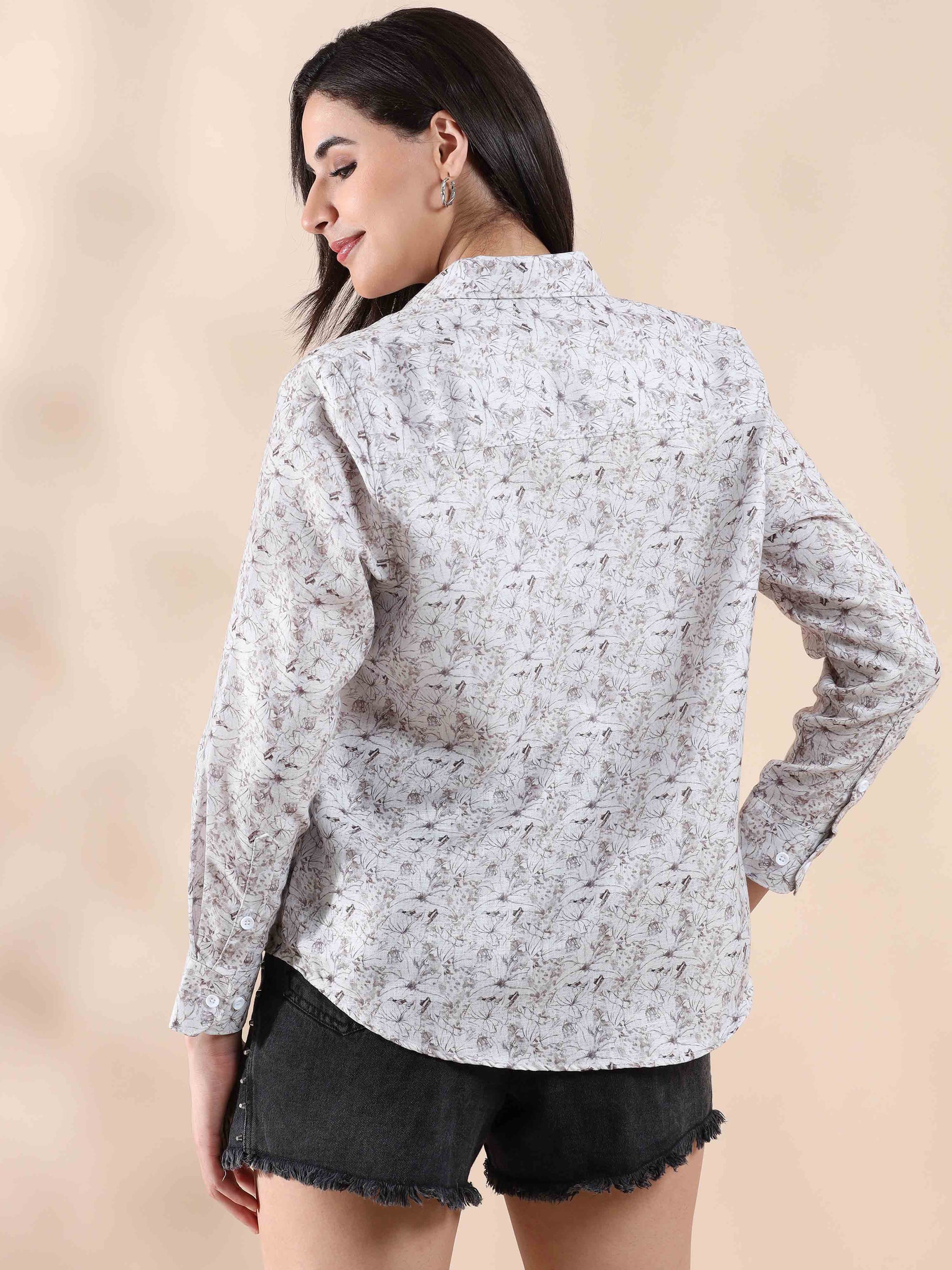 Sunset Quill Grey Cotton printed Shirt for Women