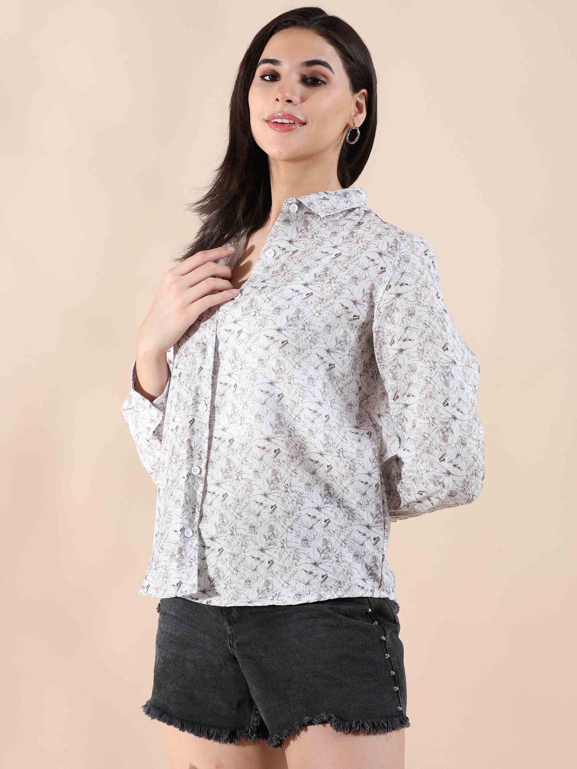 Sunset Quill Grey Cotton printed Shirt for Women