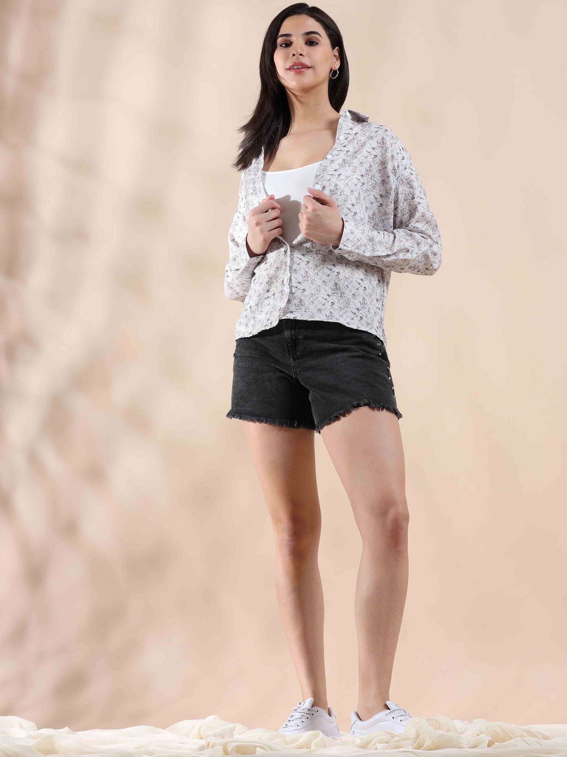 Sunset Quill Grey Cotton printed Shirt for Women