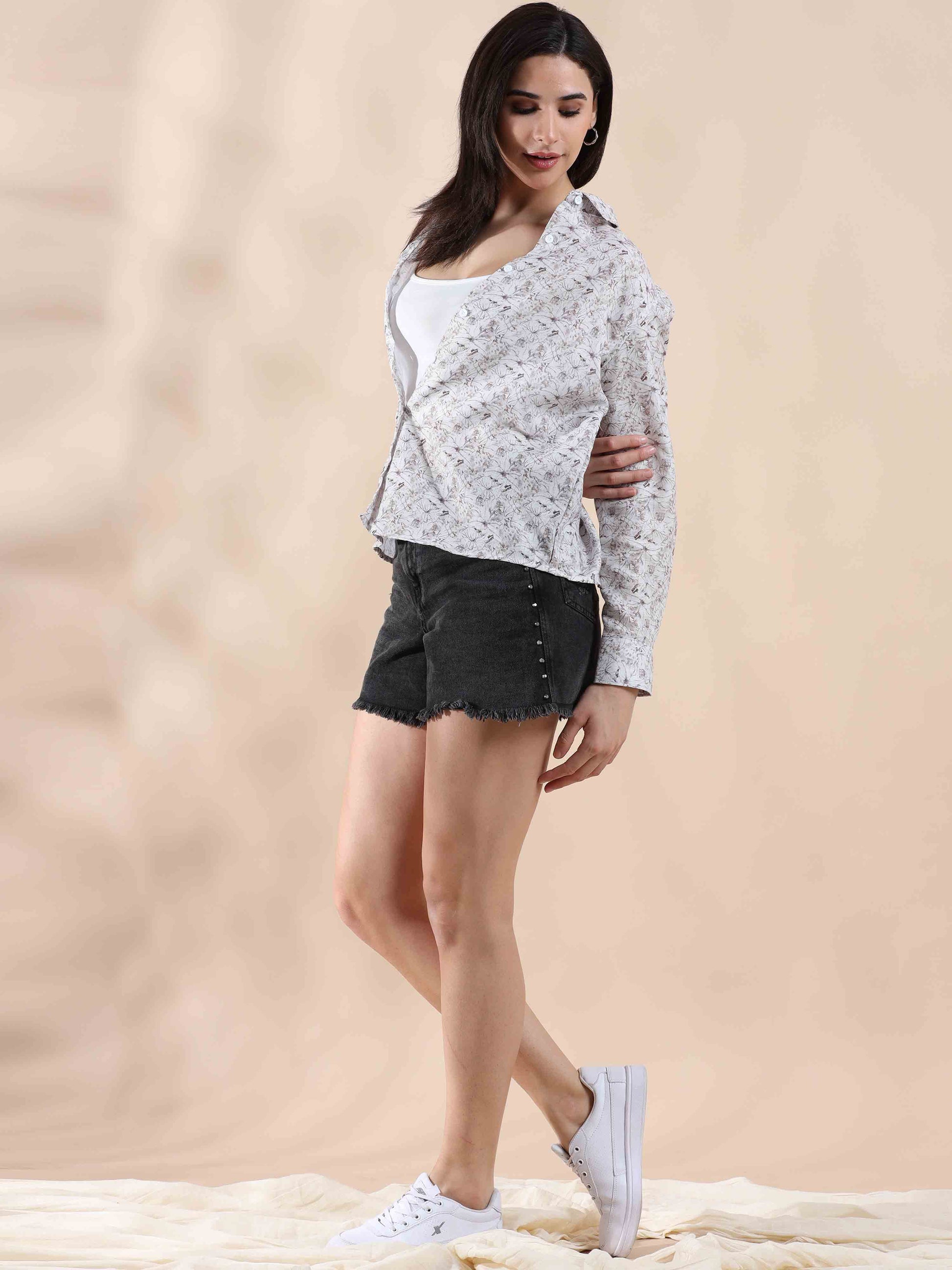 Sunset Quill Grey Cotton printed Shirt for Women