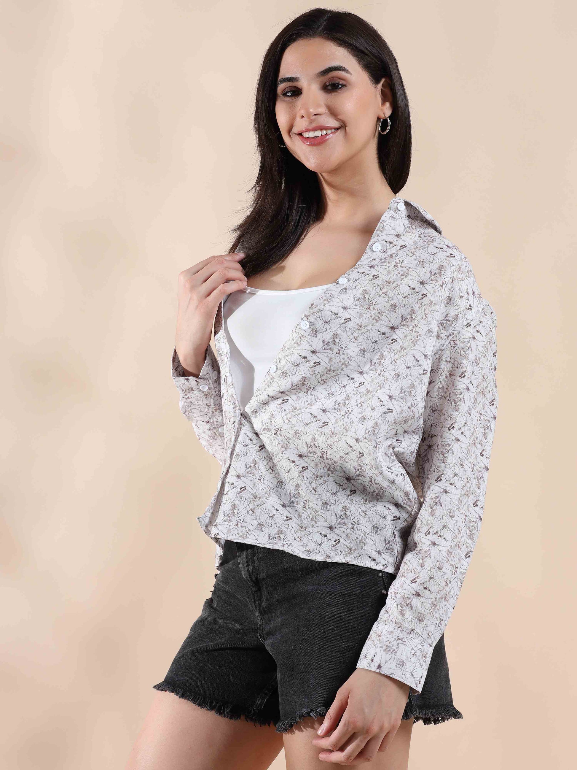 Sunset Quill Grey Cotton printed Shirt for Women