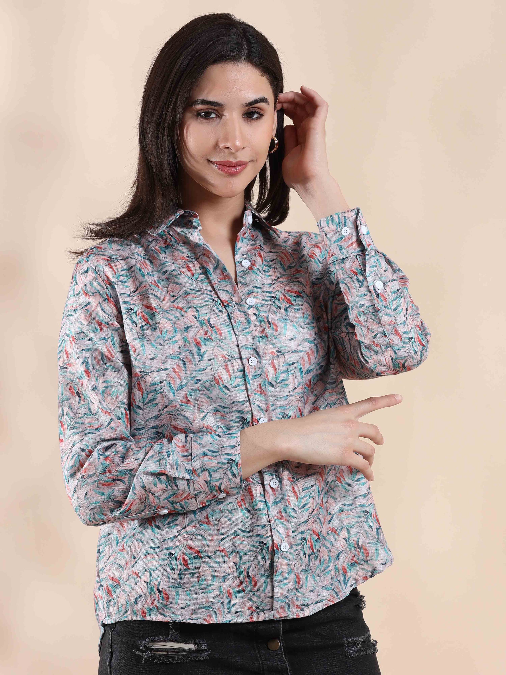 Coral Whisper Cotton Printed Shirt for Women
