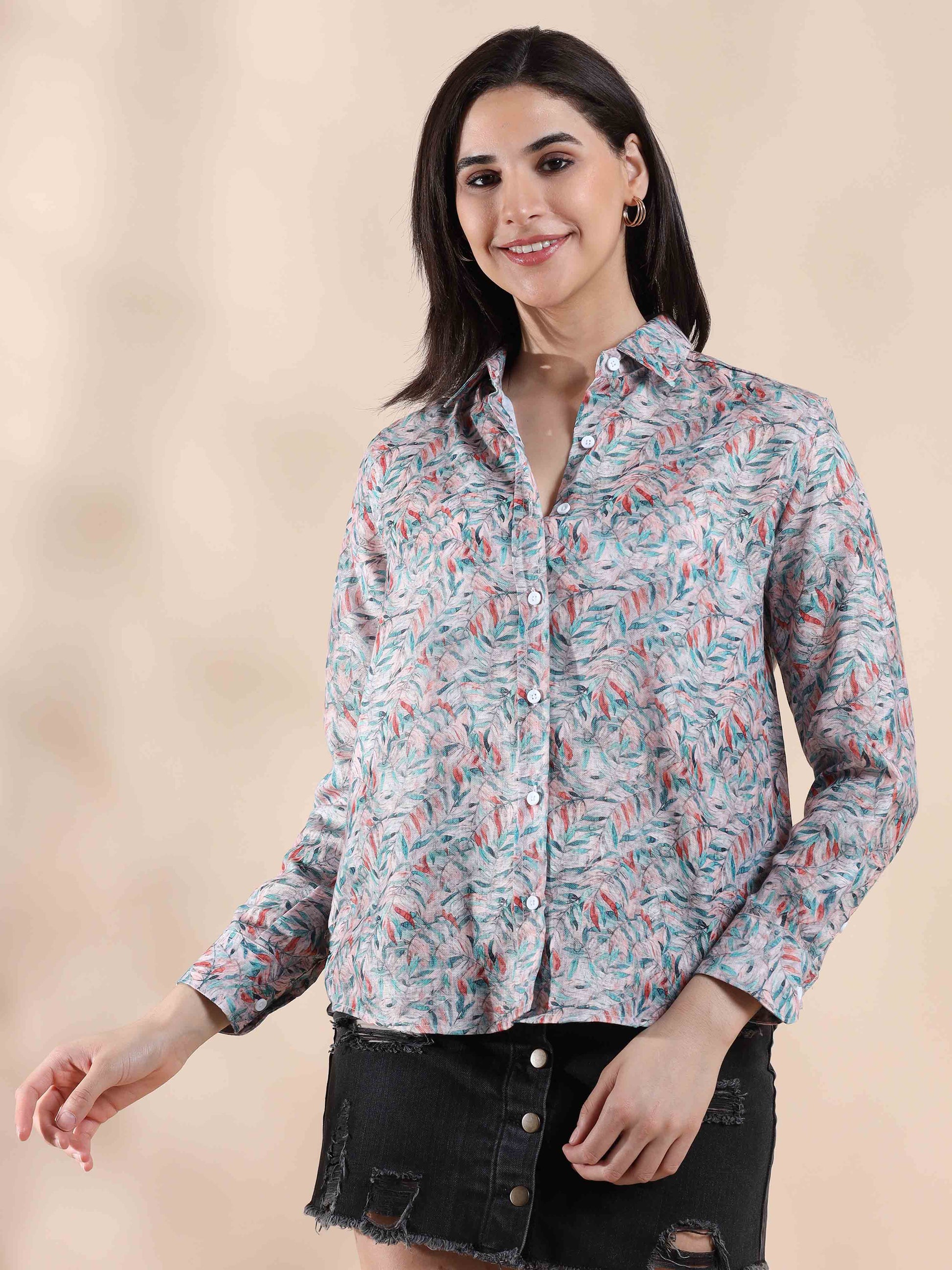 Coral Whisper Cotton Printed Shirt for Women