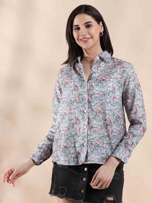 Coral Whisper Cotton Printed Shirt for Women