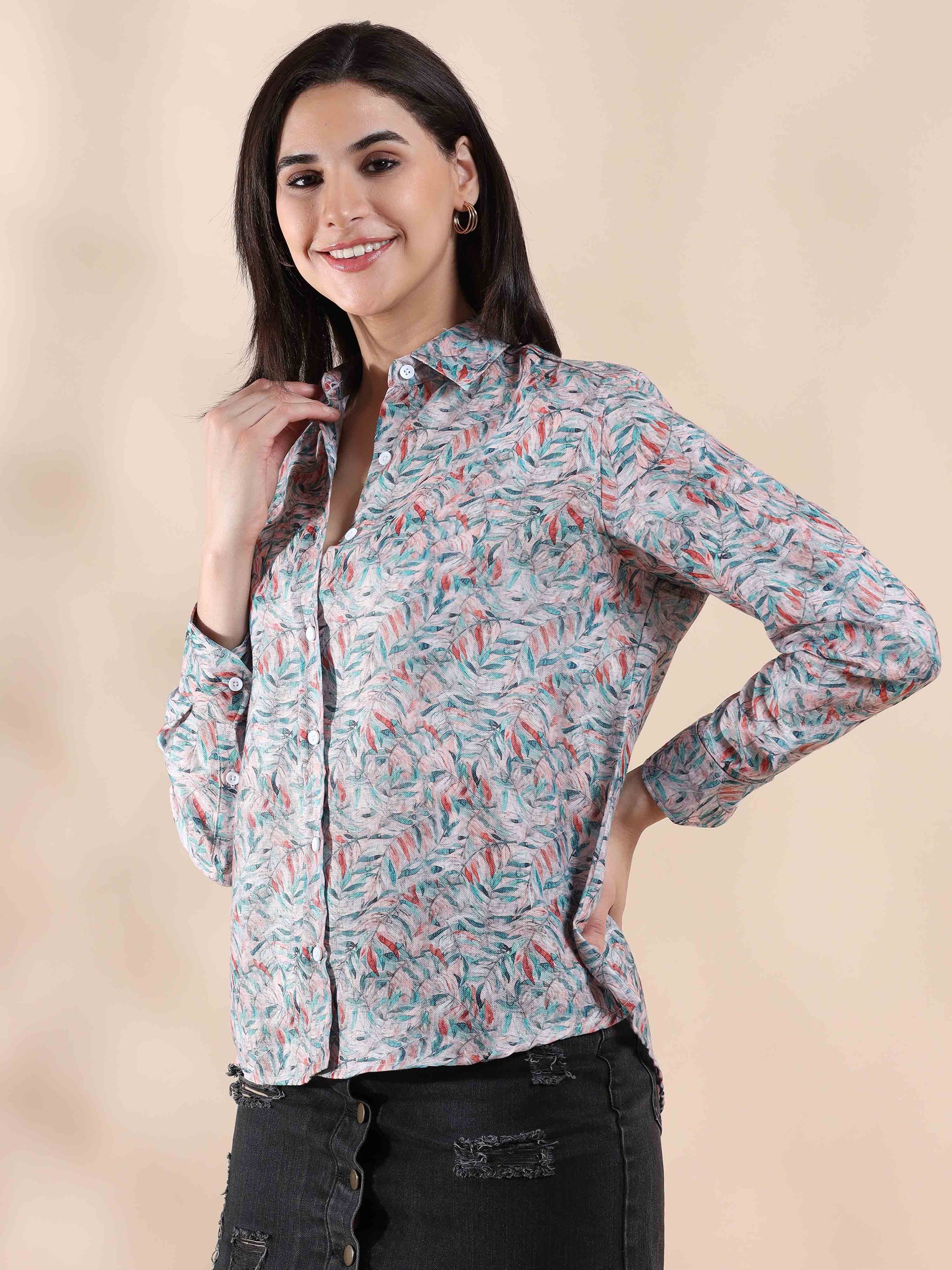 Coral Whisper Cotton Printed Shirt for Women