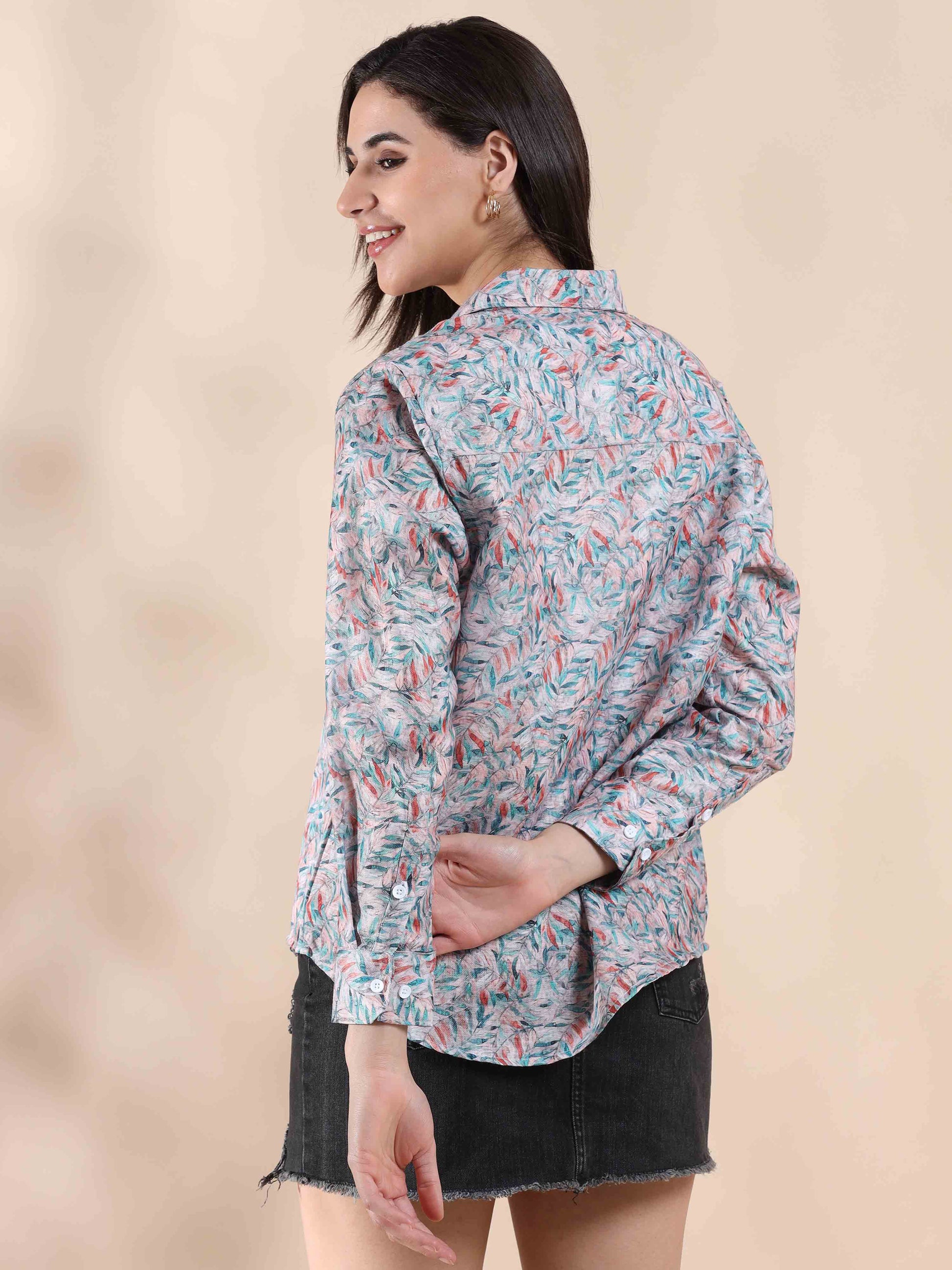 Coral Whisper Cotton Printed Shirt for Women