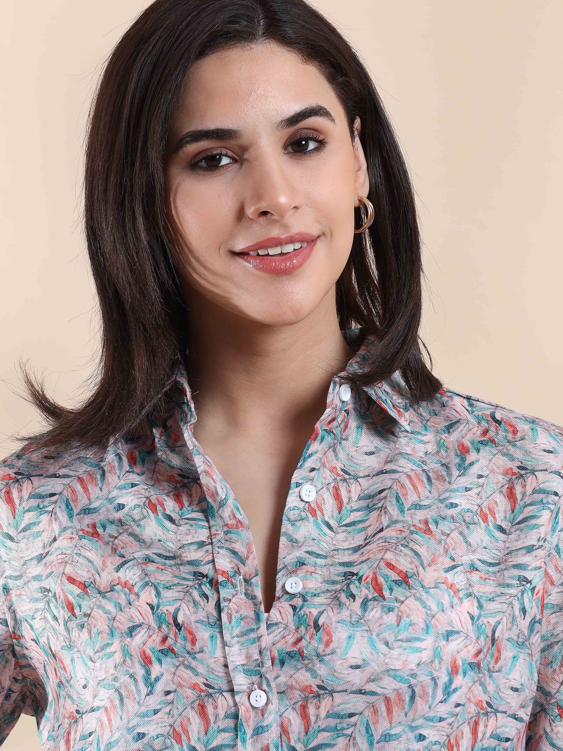 Coral Whisper Cotton Printed Shirt for Women
