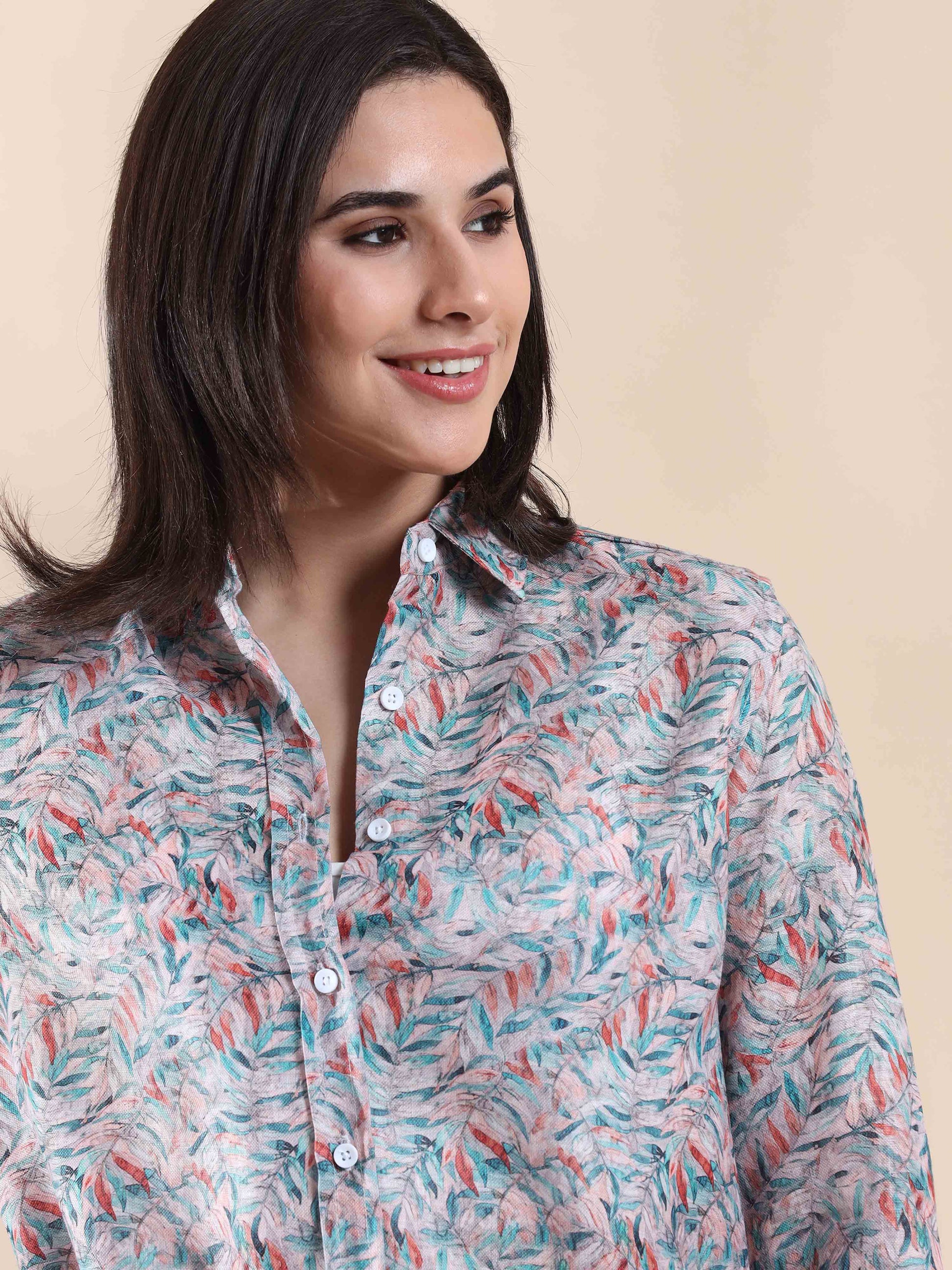 Coral Whisper Cotton Printed Shirt for Women