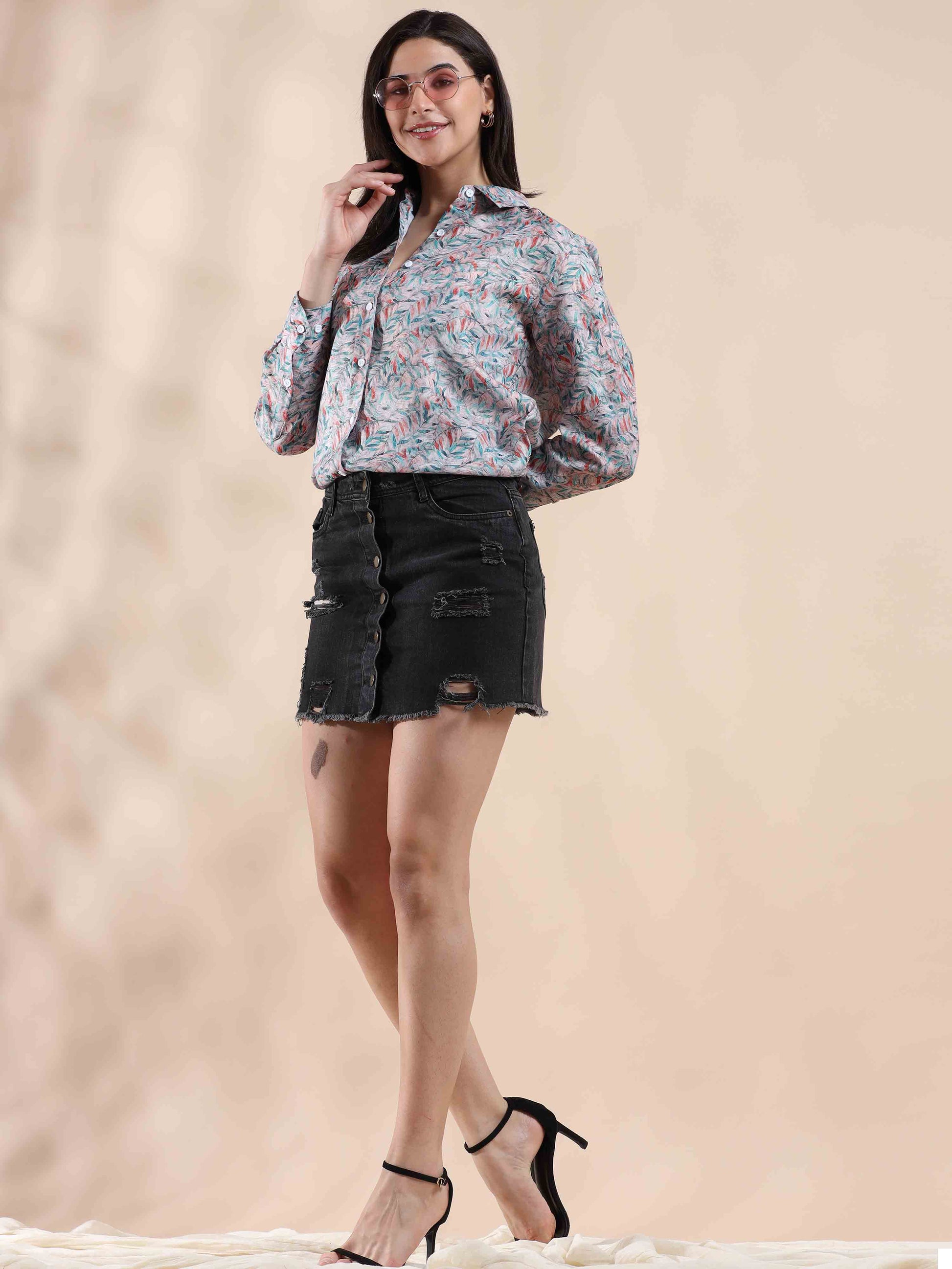 Coral Whisper Cotton Printed Shirt for Women