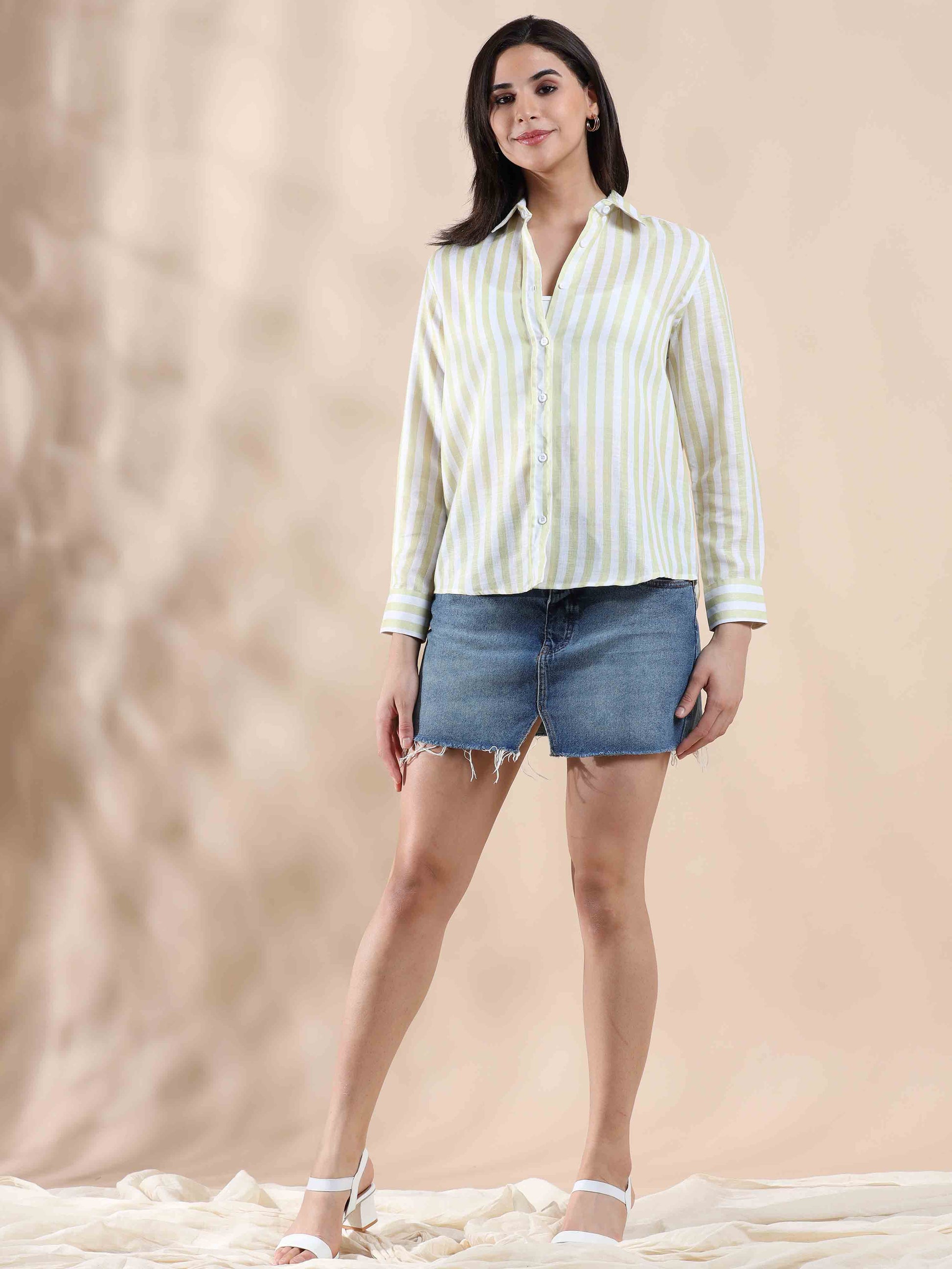 yellow Stripe Cotton Shirt for women