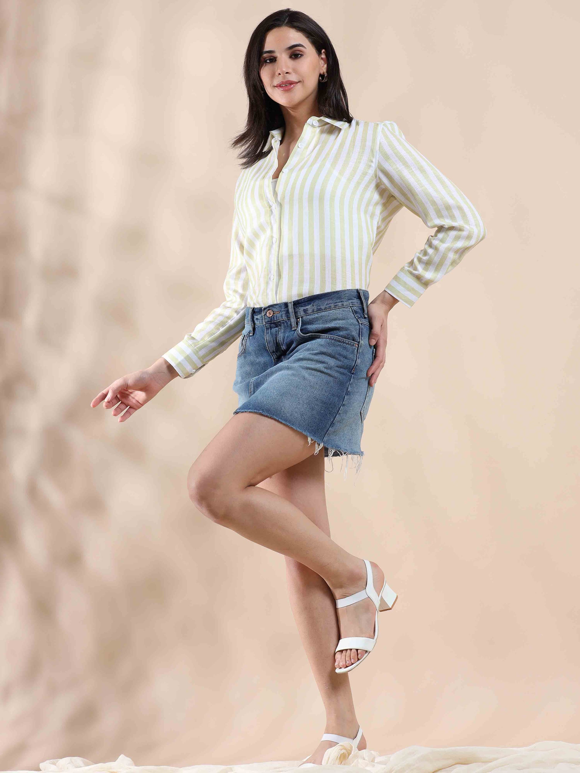 yellow Stripe Cotton Shirt for women