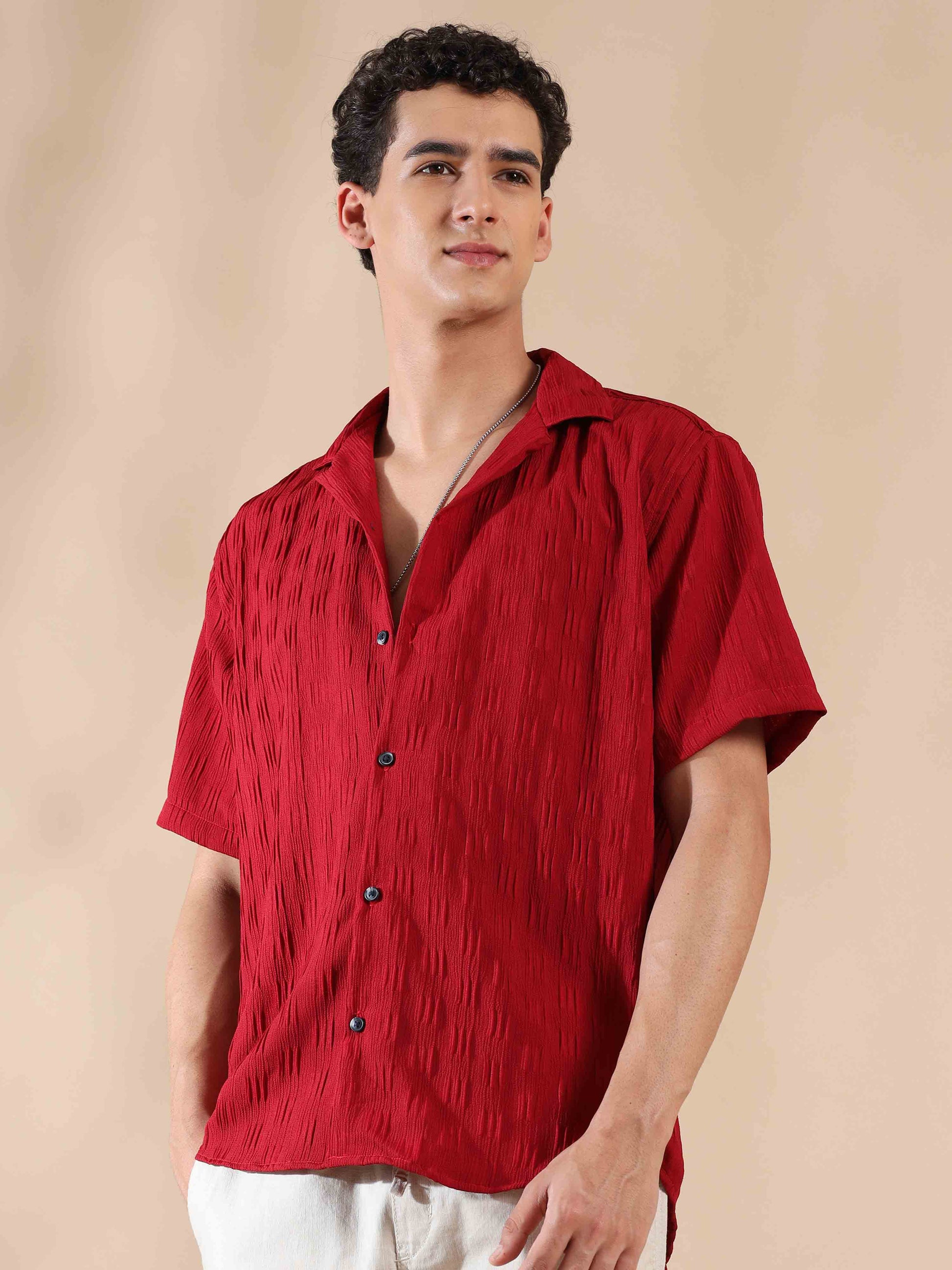 Half sleeve red solid popcorn shirt for men