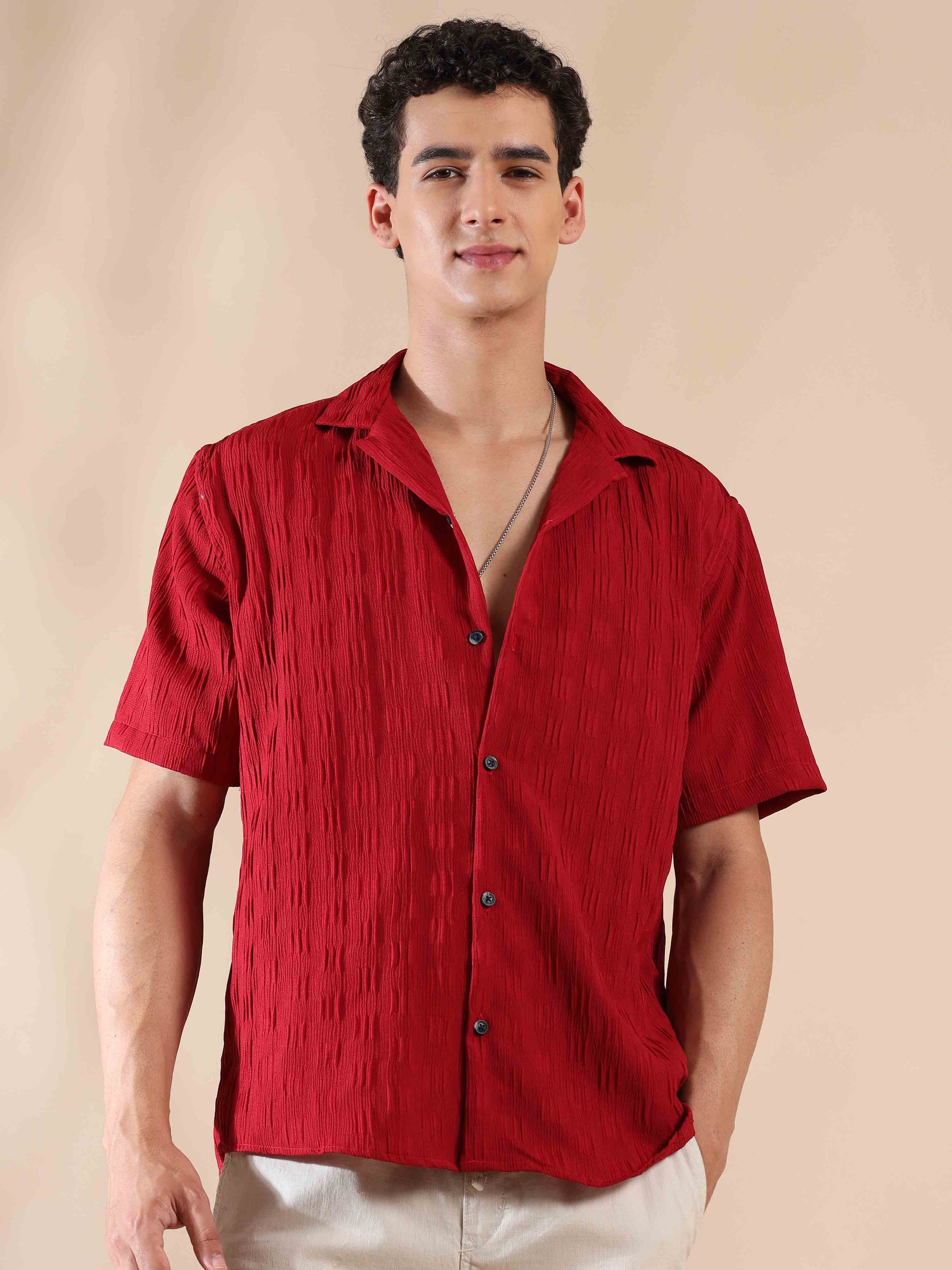 Half sleeve red solid popcorn shirt for men