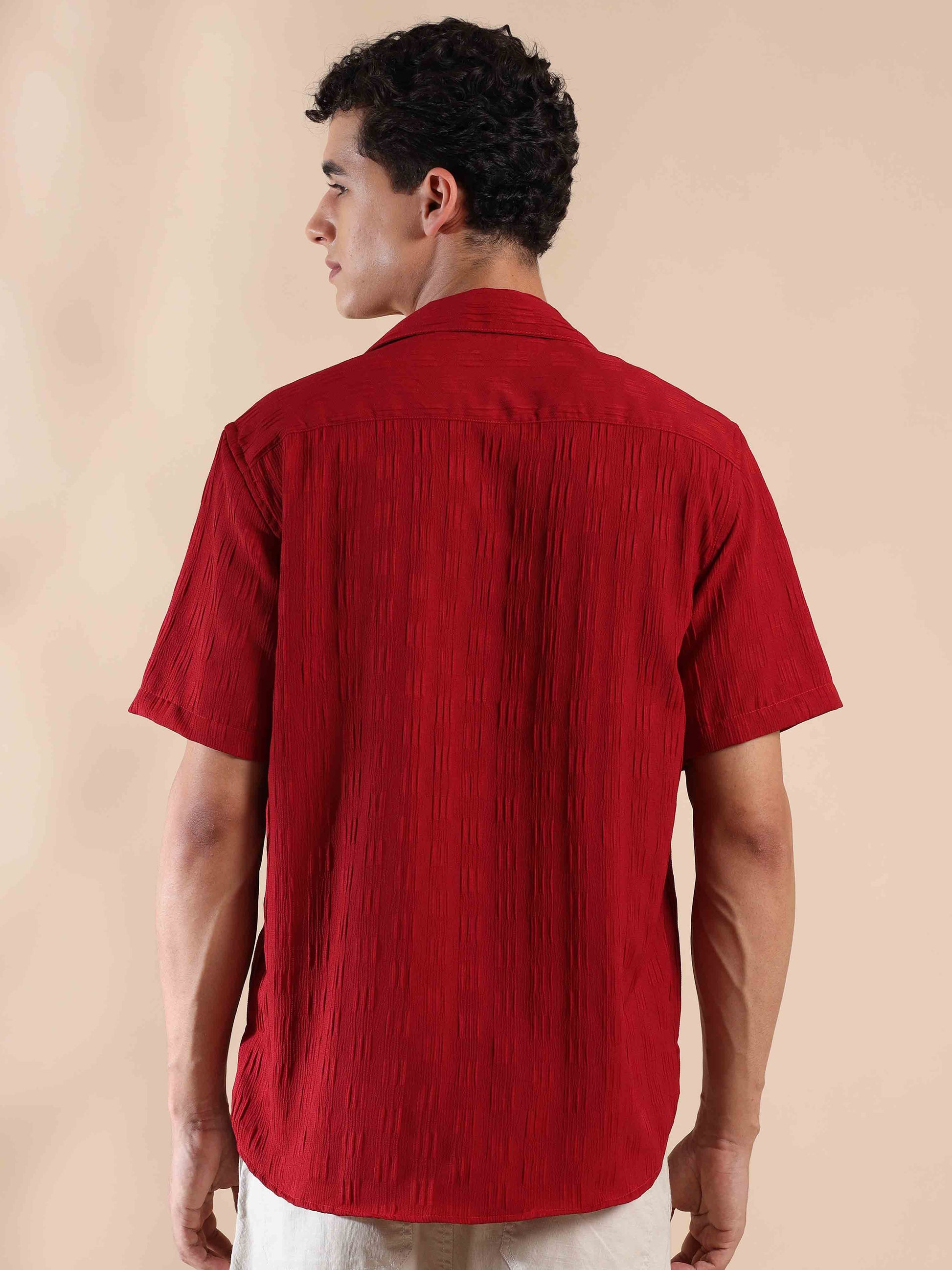 Half sleeve red solid popcorn shirt for men