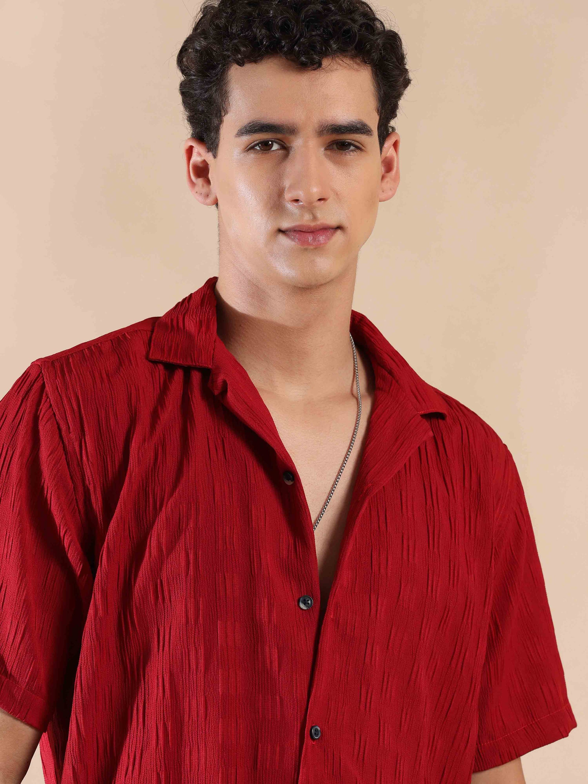 Half sleeve red solid popcorn shirt for men