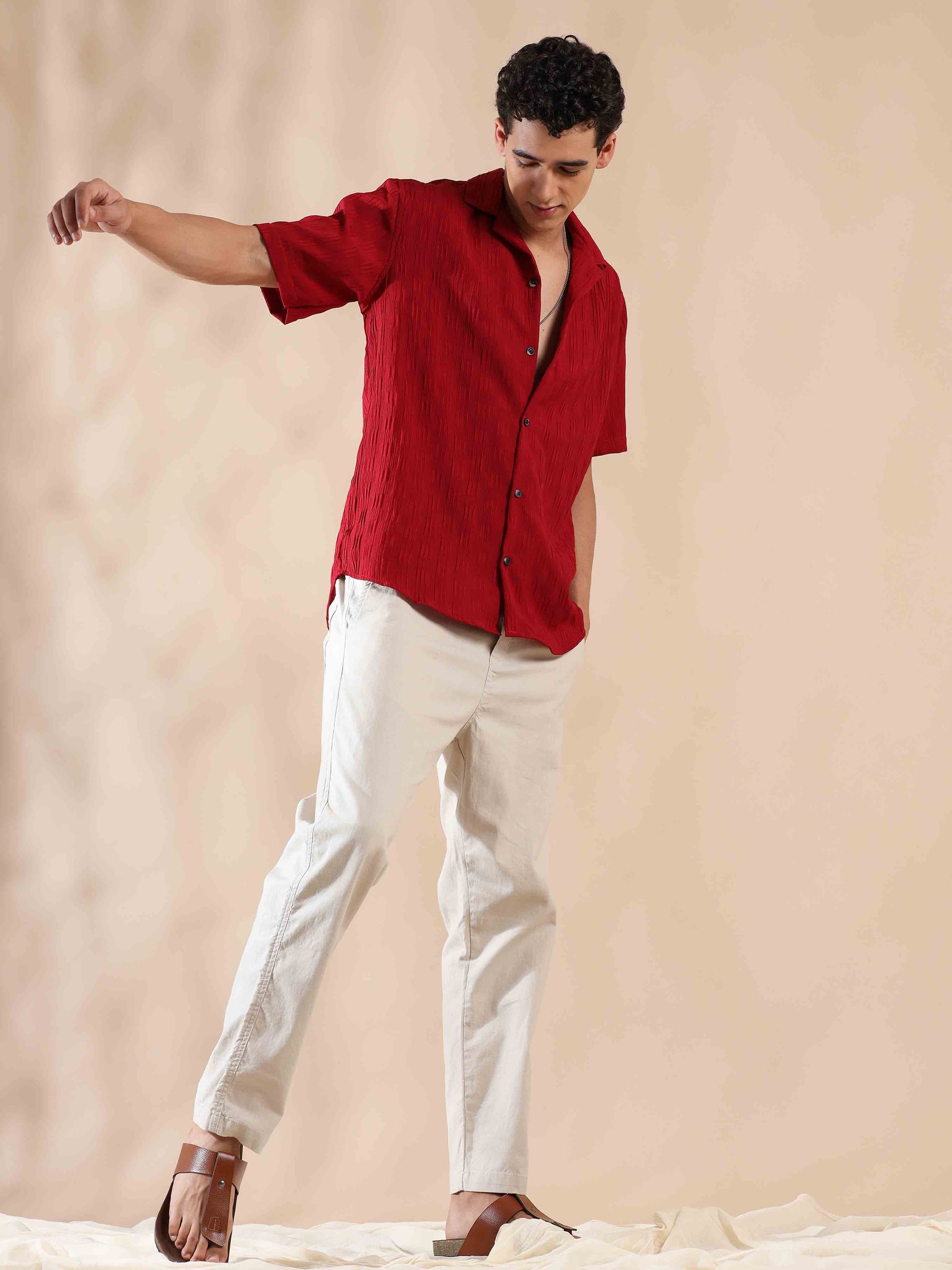 Half sleeve red solid popcorn shirt for men