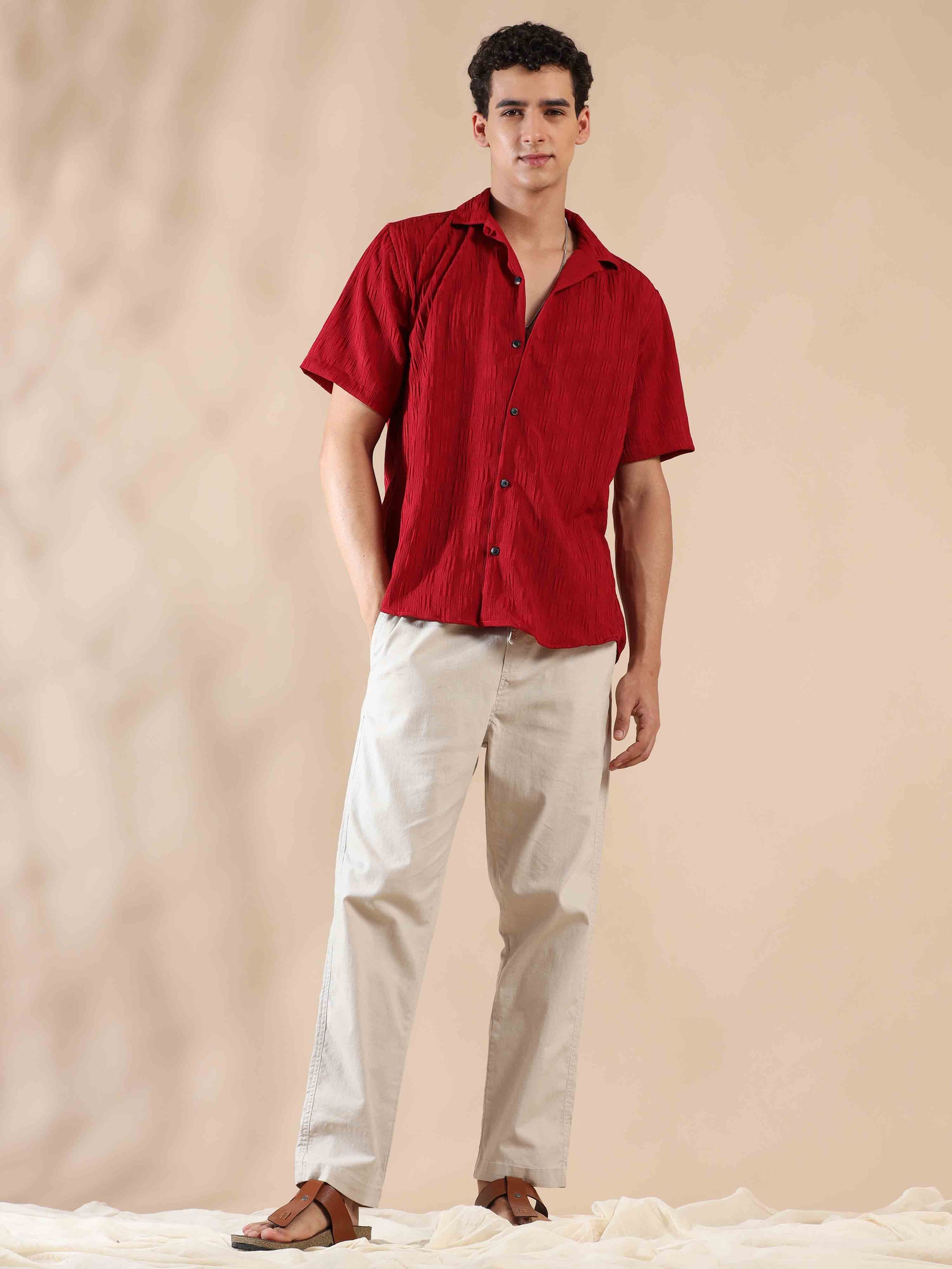Half sleeve red solid popcorn shirt for men