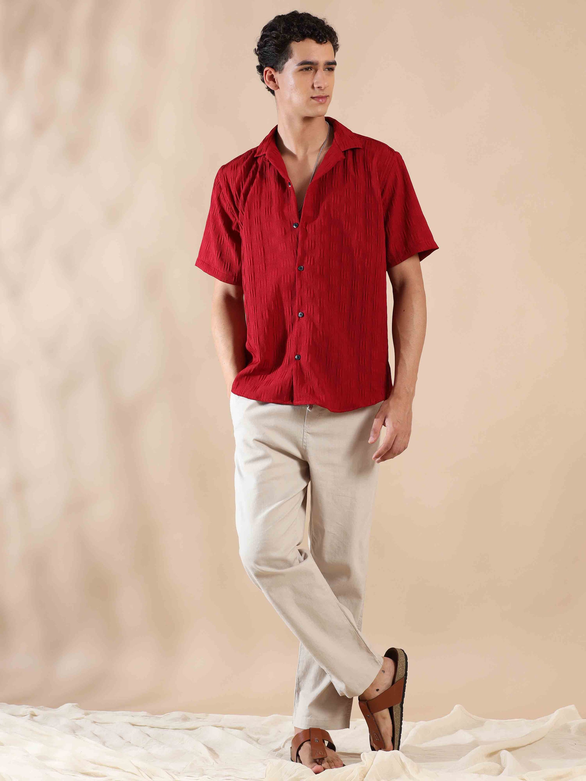 Half sleeve red solid popcorn shirt for men