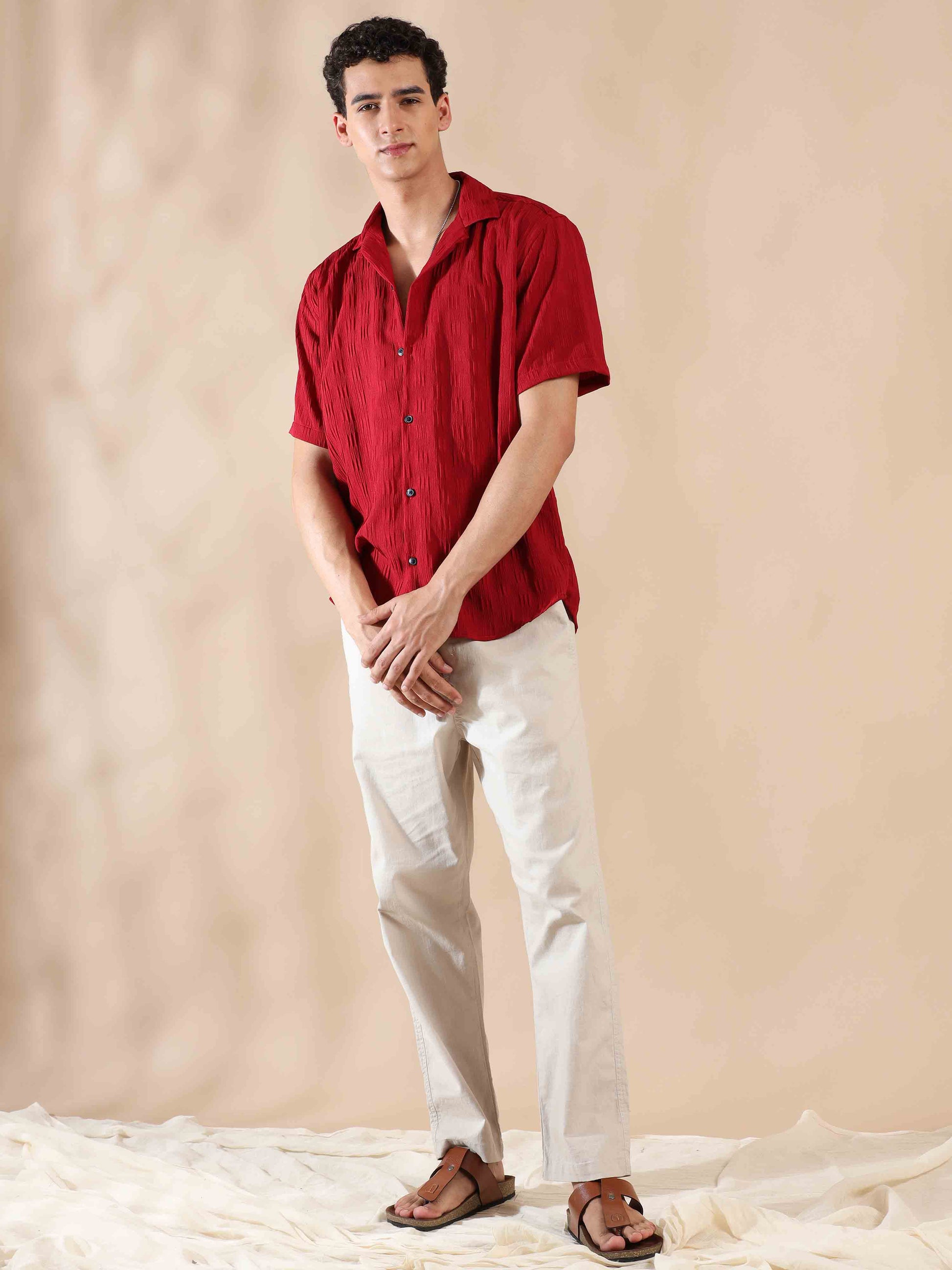 Half sleeve red solid popcorn shirt for men
