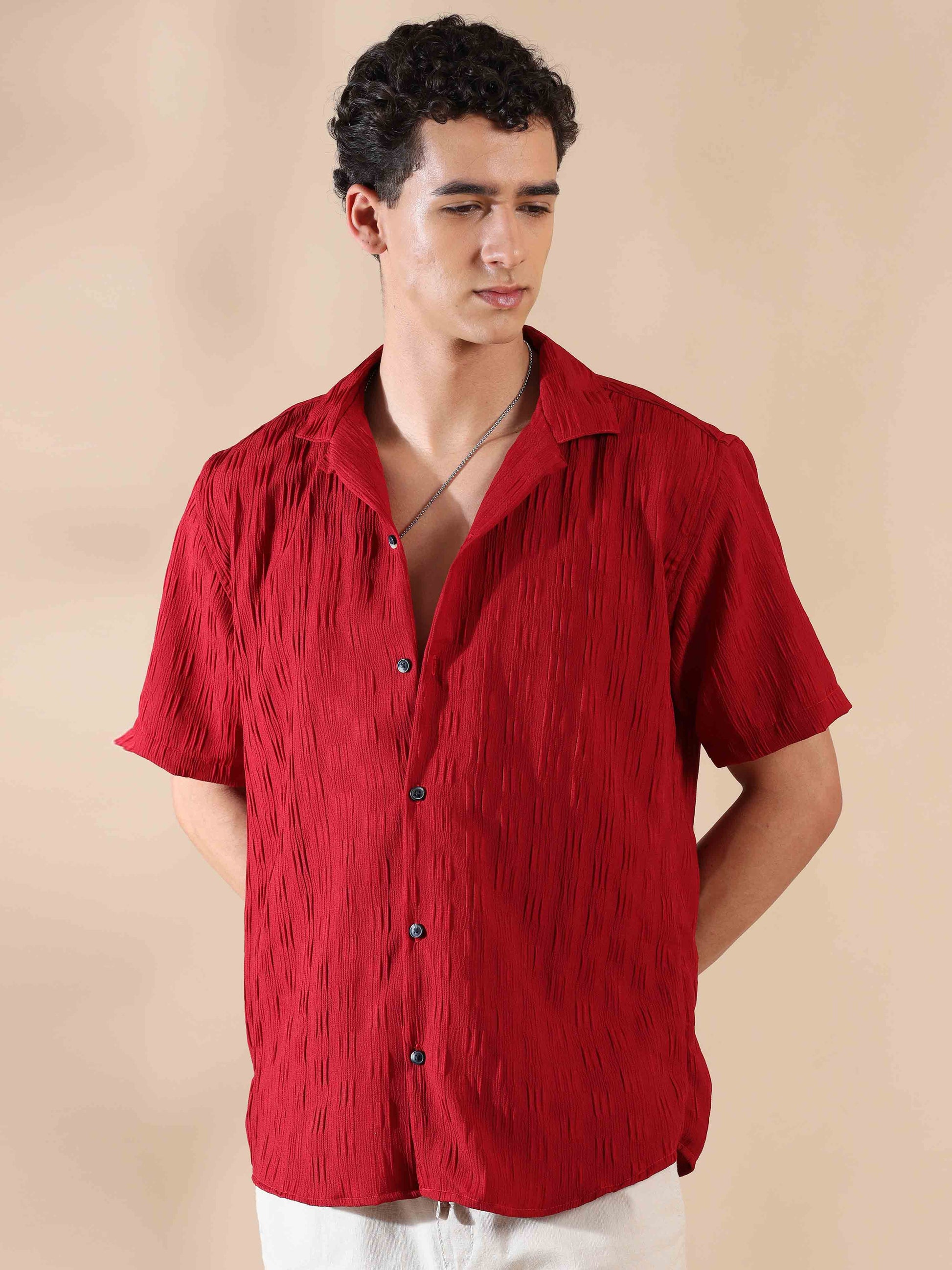 Half sleeve red solid popcorn shirt for men