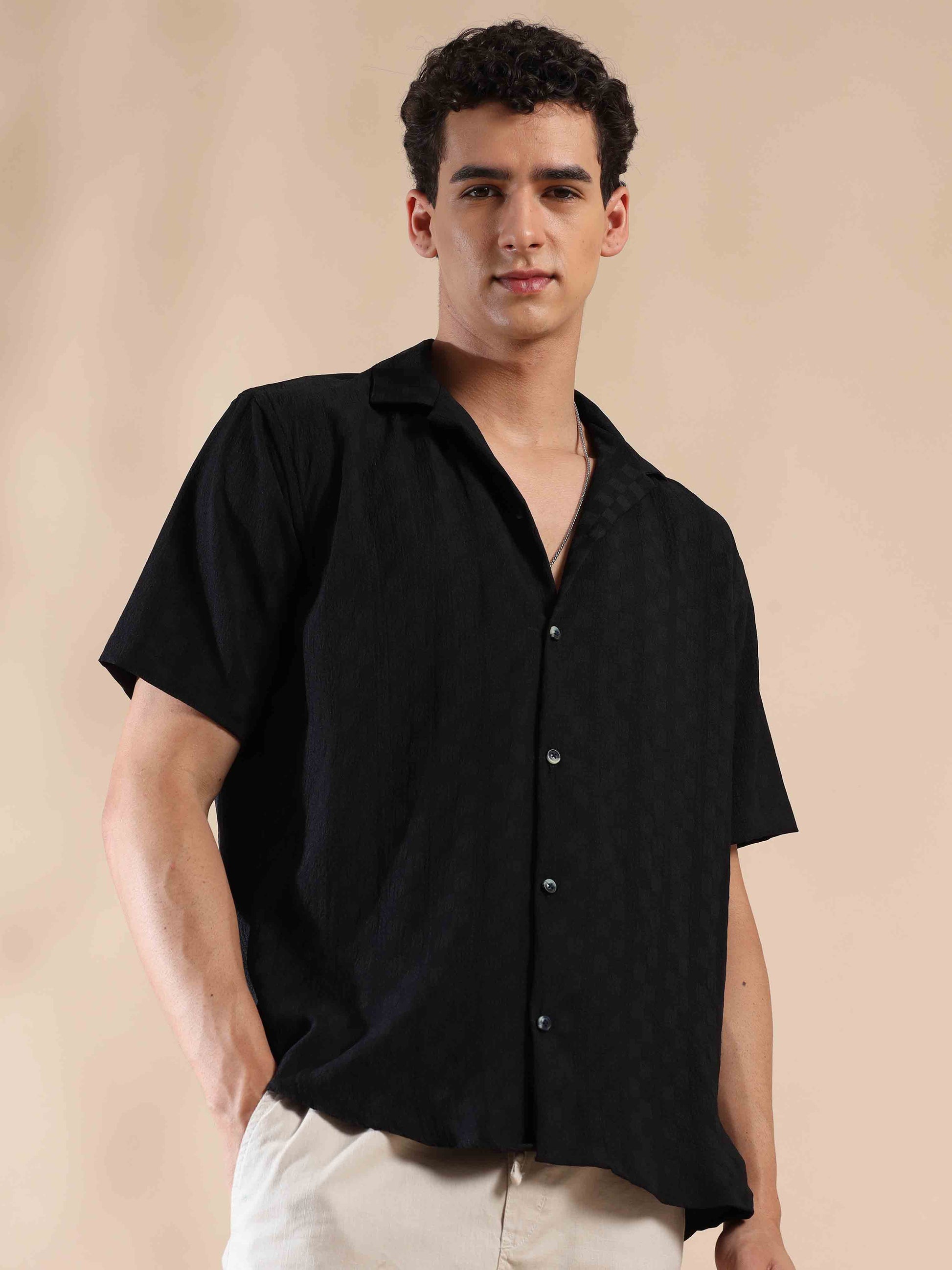 Half sleeve black solid popcorn shirt for men