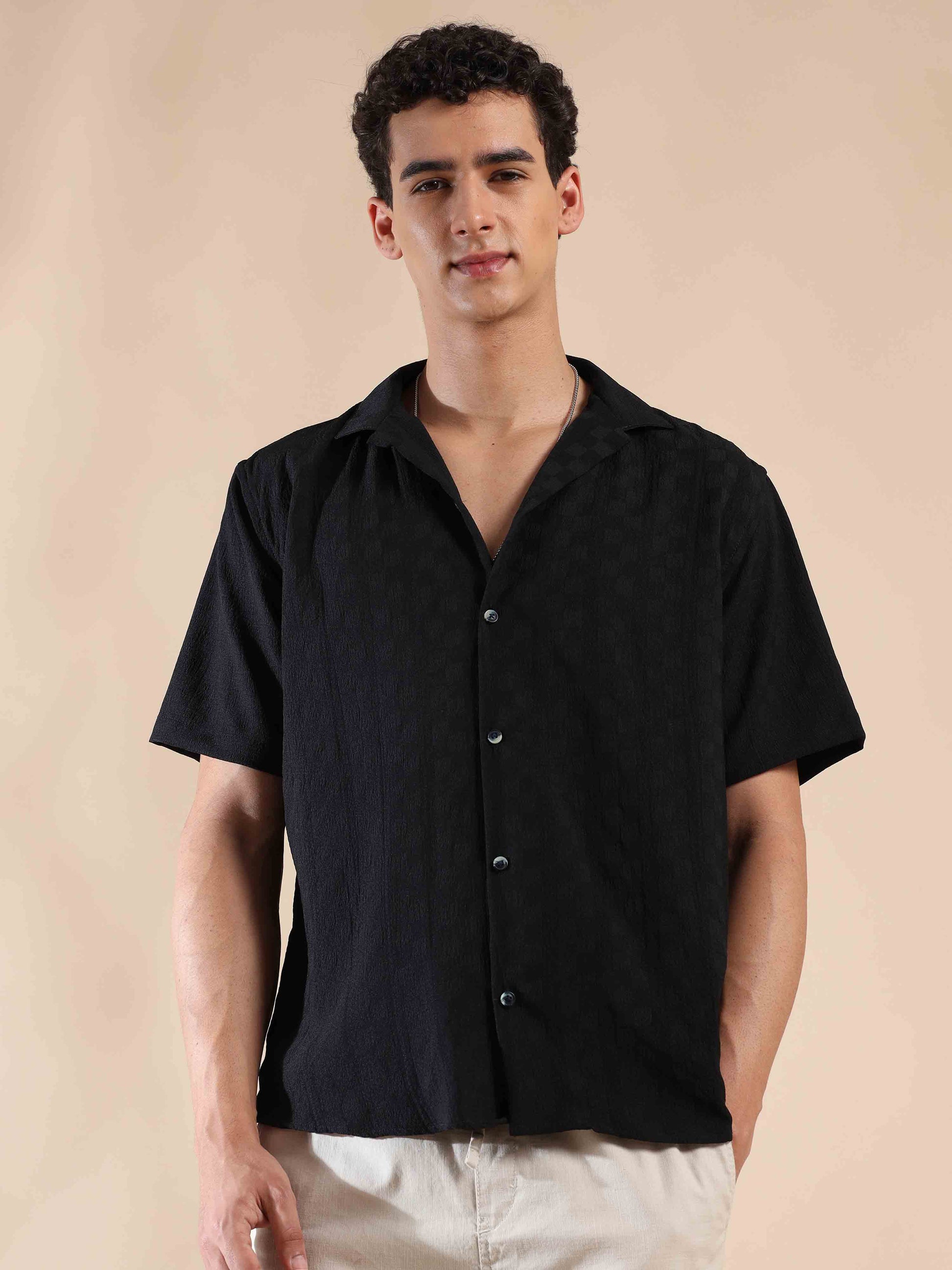 Half sleeve black solid popcorn shirt for men