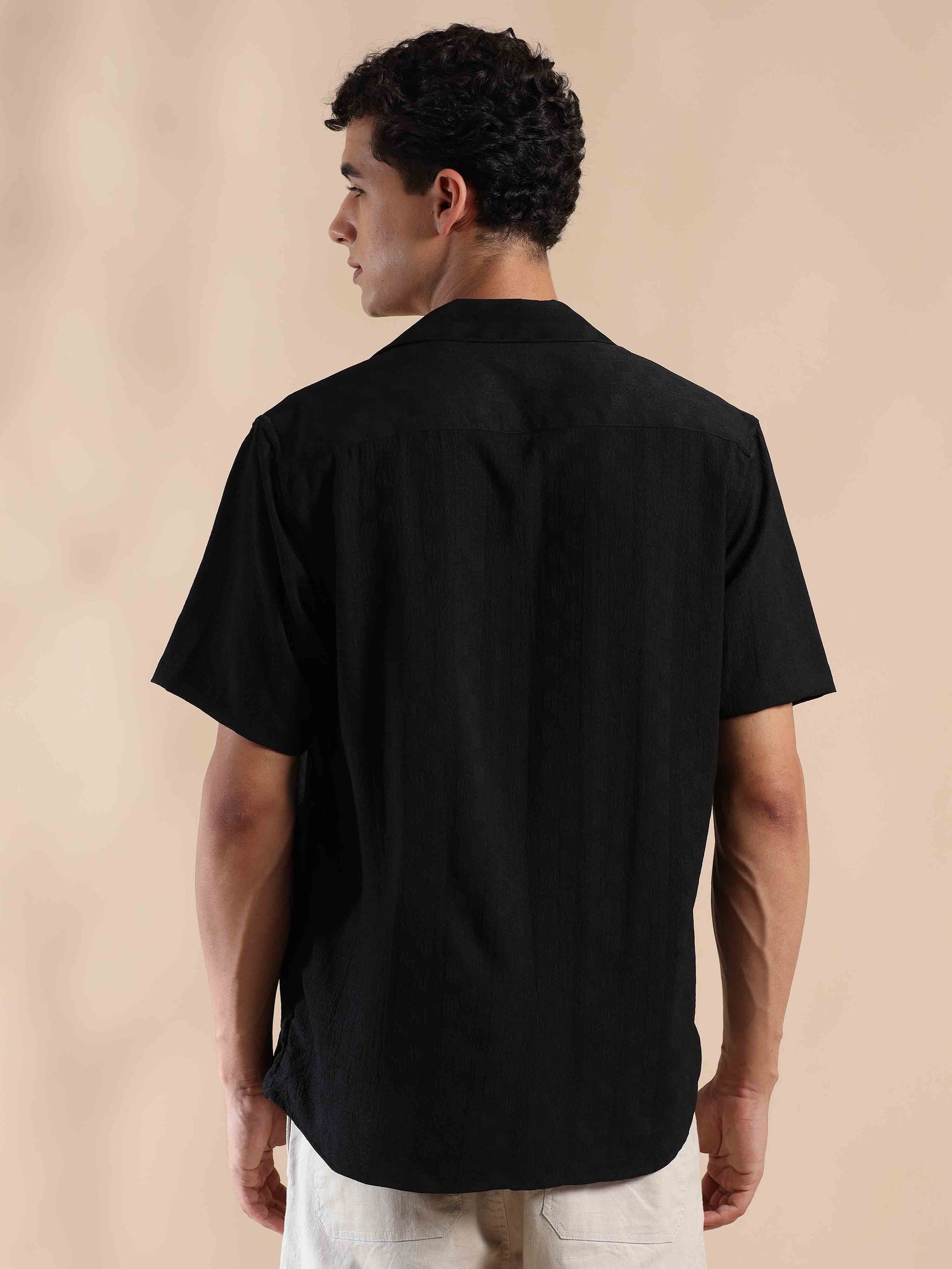 Half sleeve black solid popcorn shirt for men