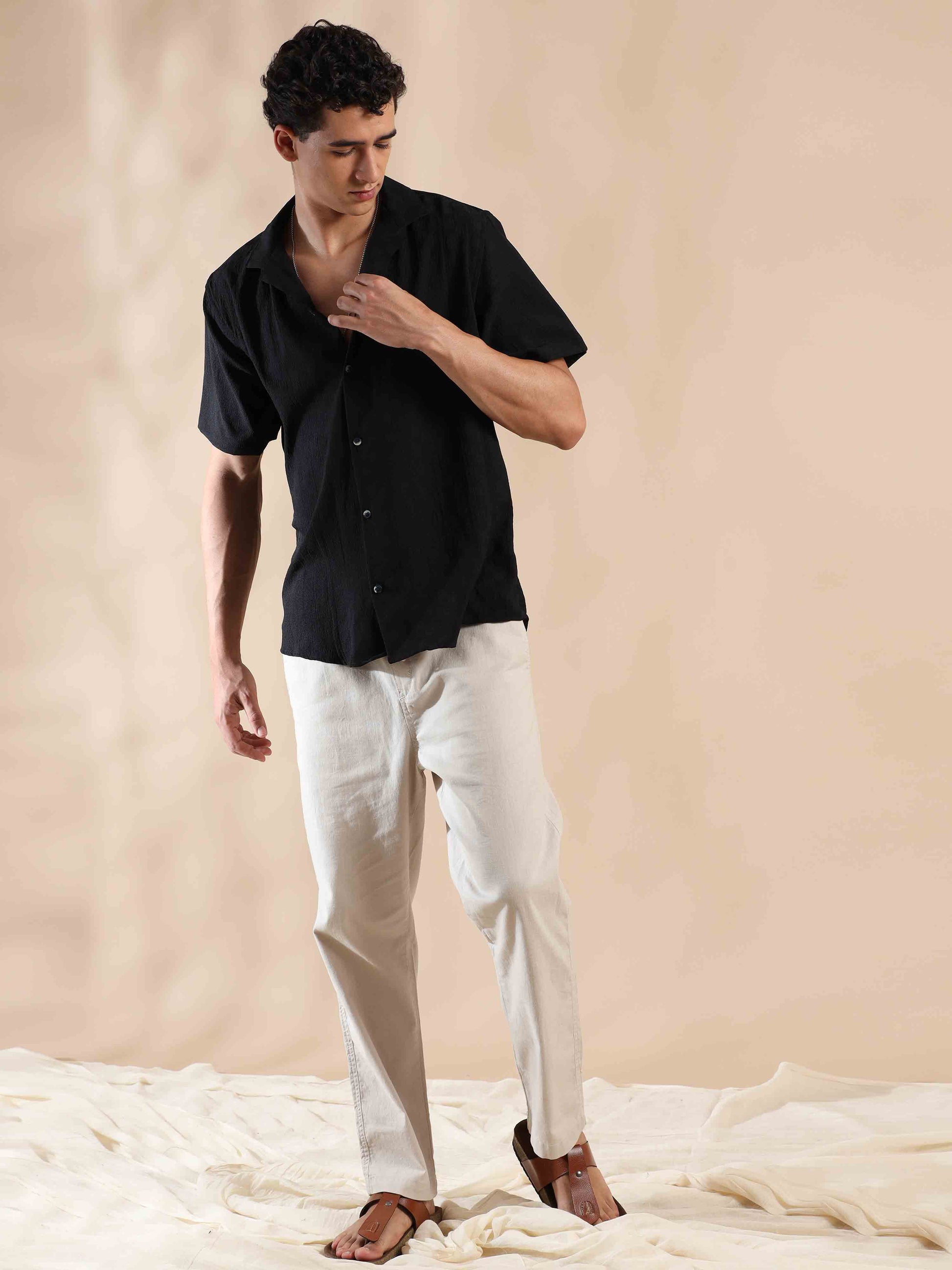 Half sleeve black solid popcorn shirt for men