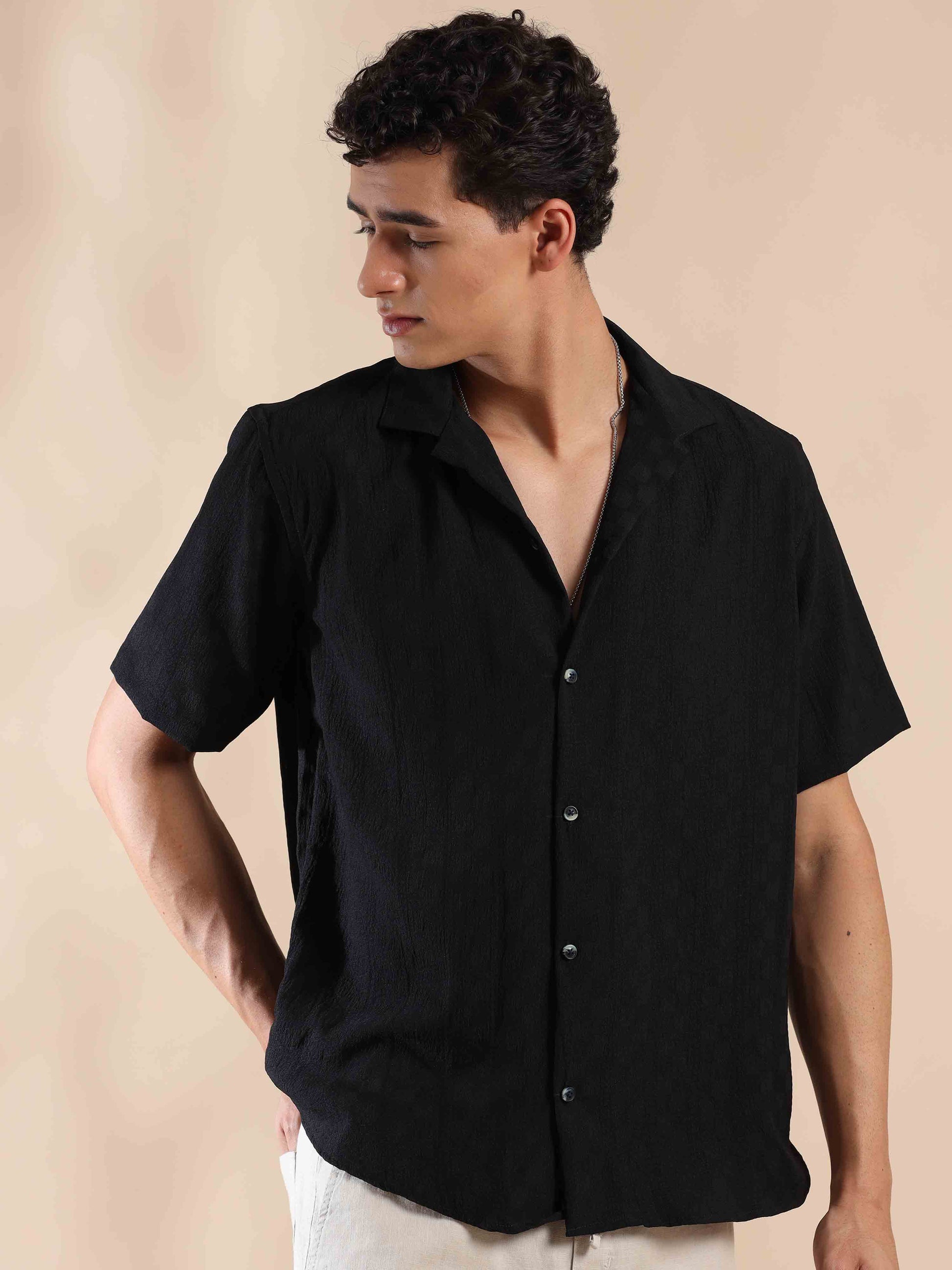 Half sleeve black solid popcorn shirt for men