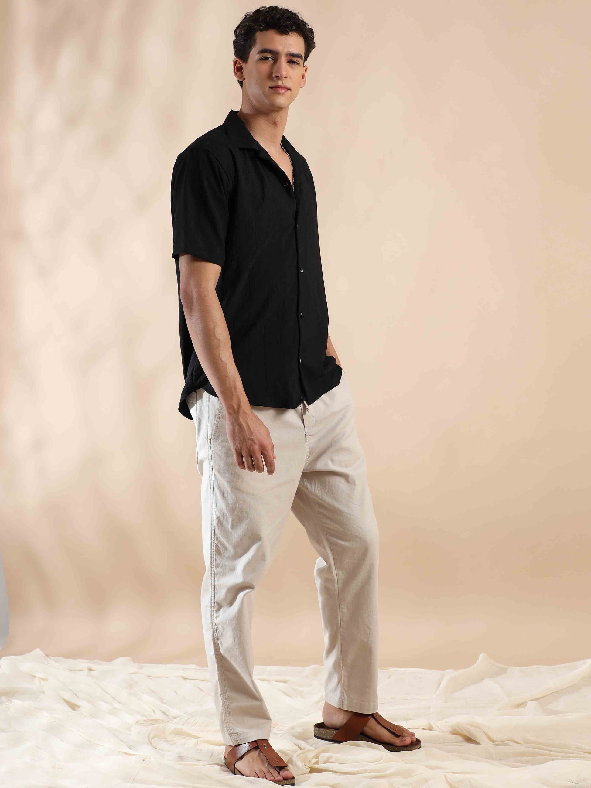 Half sleeve black solid popcorn shirt for men