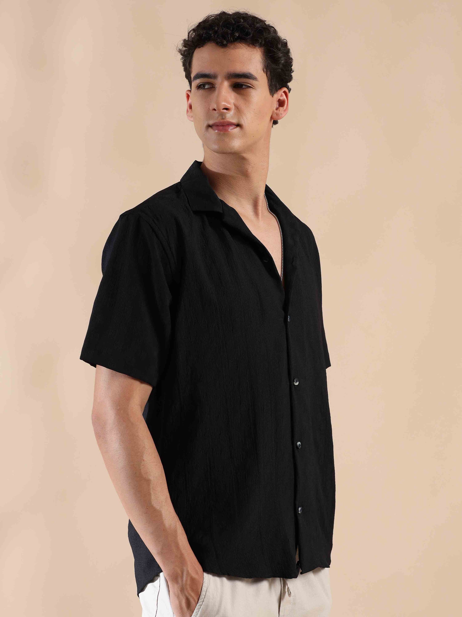 Half sleeve black solid popcorn shirt for men