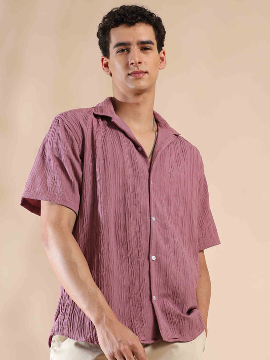 Half sleeve pink solid popcorn shirt for men